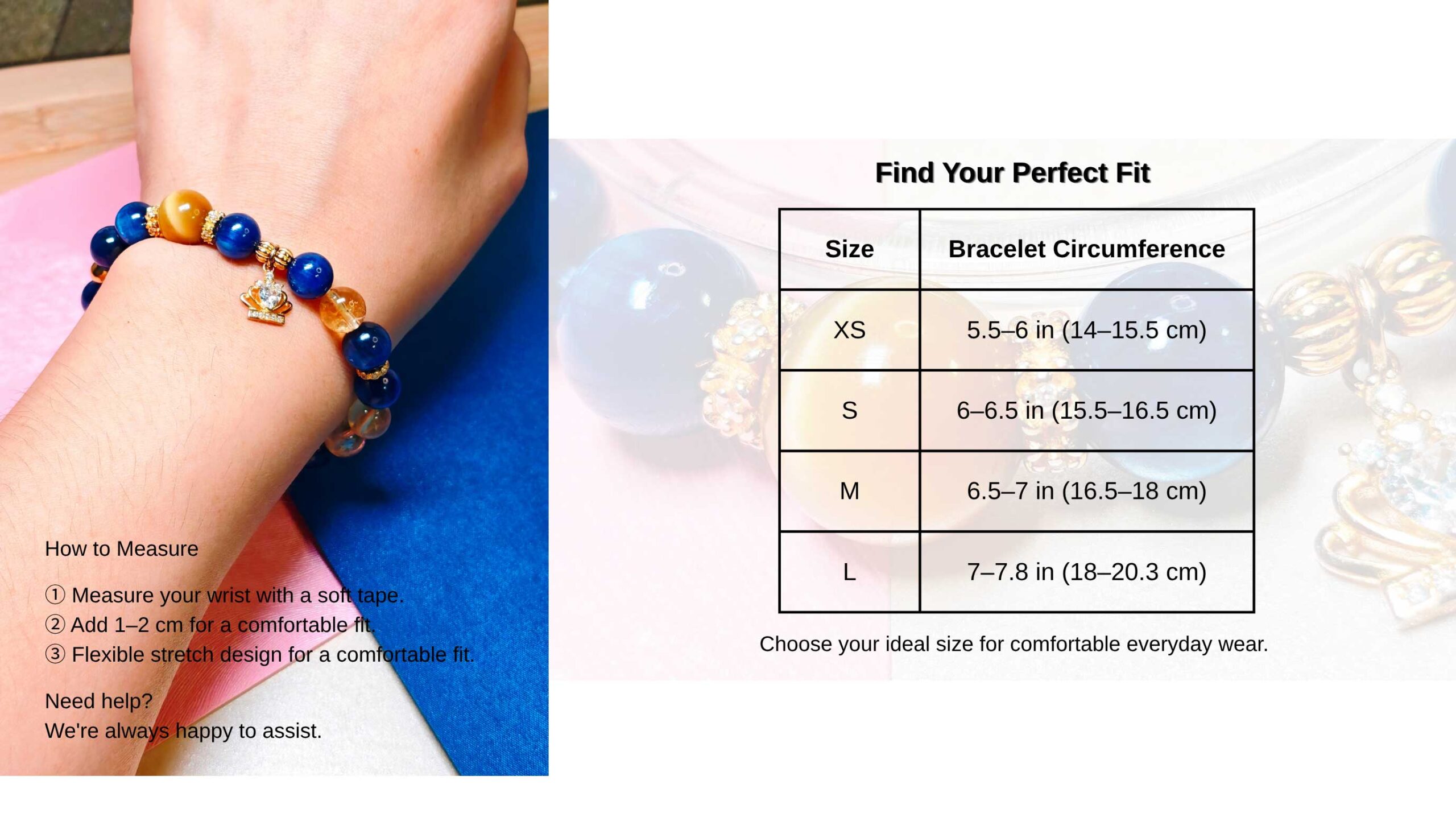 CrownReign CL crystal bracelet size guide showing wrist measurements for comfortable everyday wear
