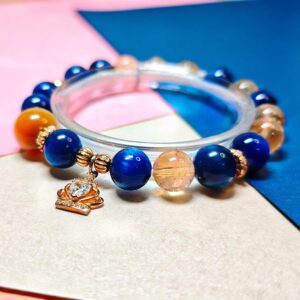 Golden Tiger's Eye, Ice Citrine, and deep blue Kyanite bracelet with crown charm