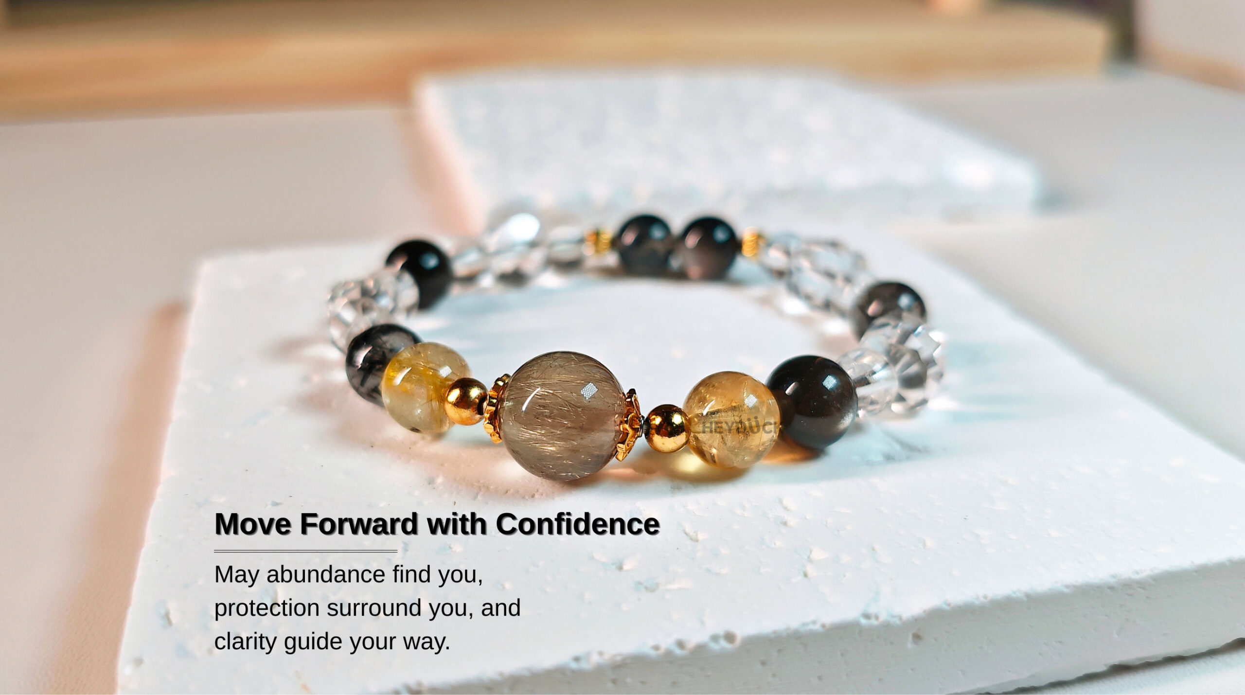 Golden Aegis Crystal Bracelet with a meaningful blessing for abundance, clarity, protection, and confidence