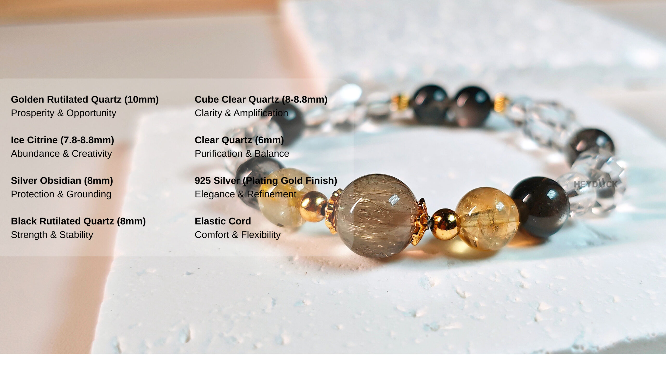 Golden Aegis Bracelet with Golden Rutilated Quartz, Ice Citrine, Silver Obsidian, Black Rutilated Quartz, and Clear Quartz