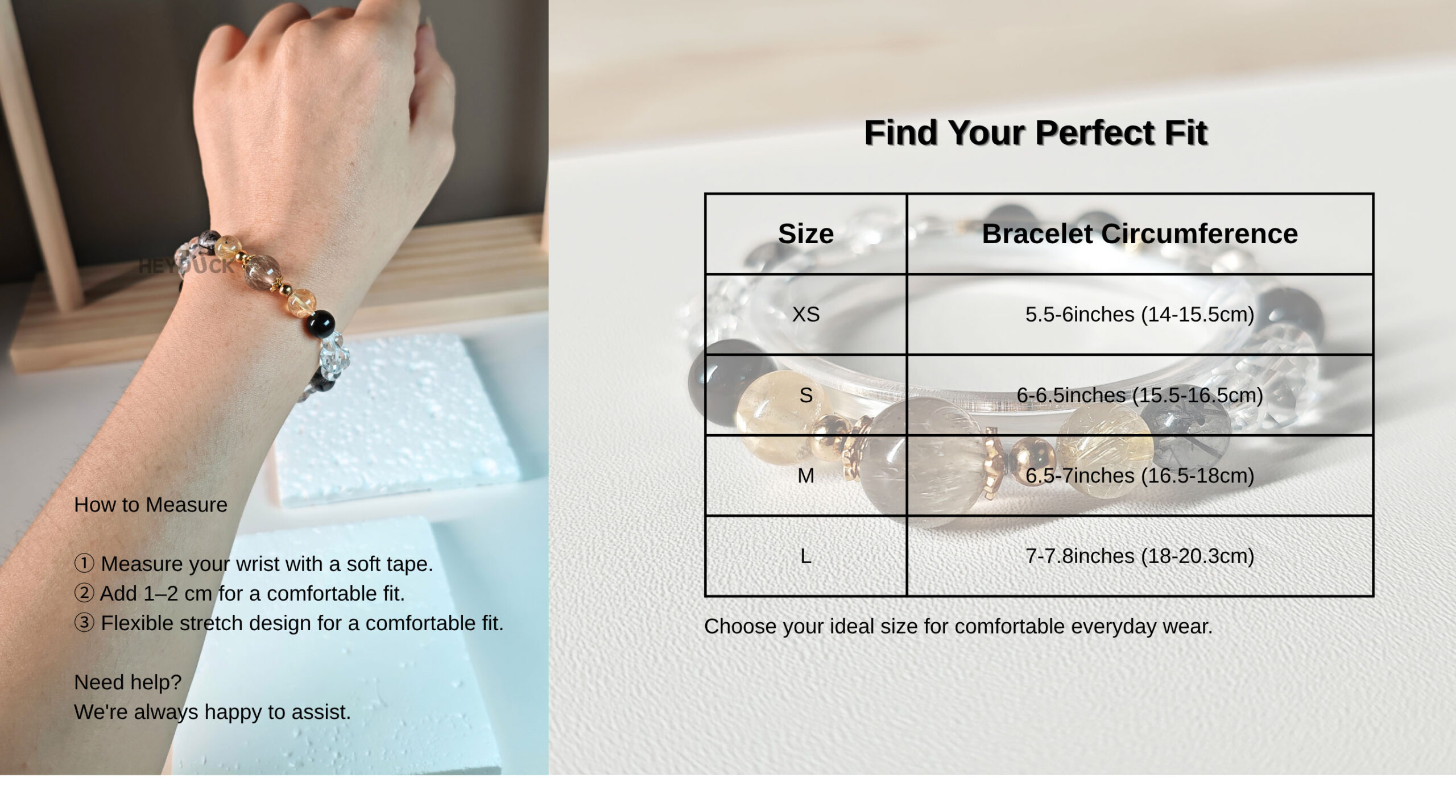 Golden Aegis Crystal Bracelet size guide showing available bracelet sizes for a comfortable fit