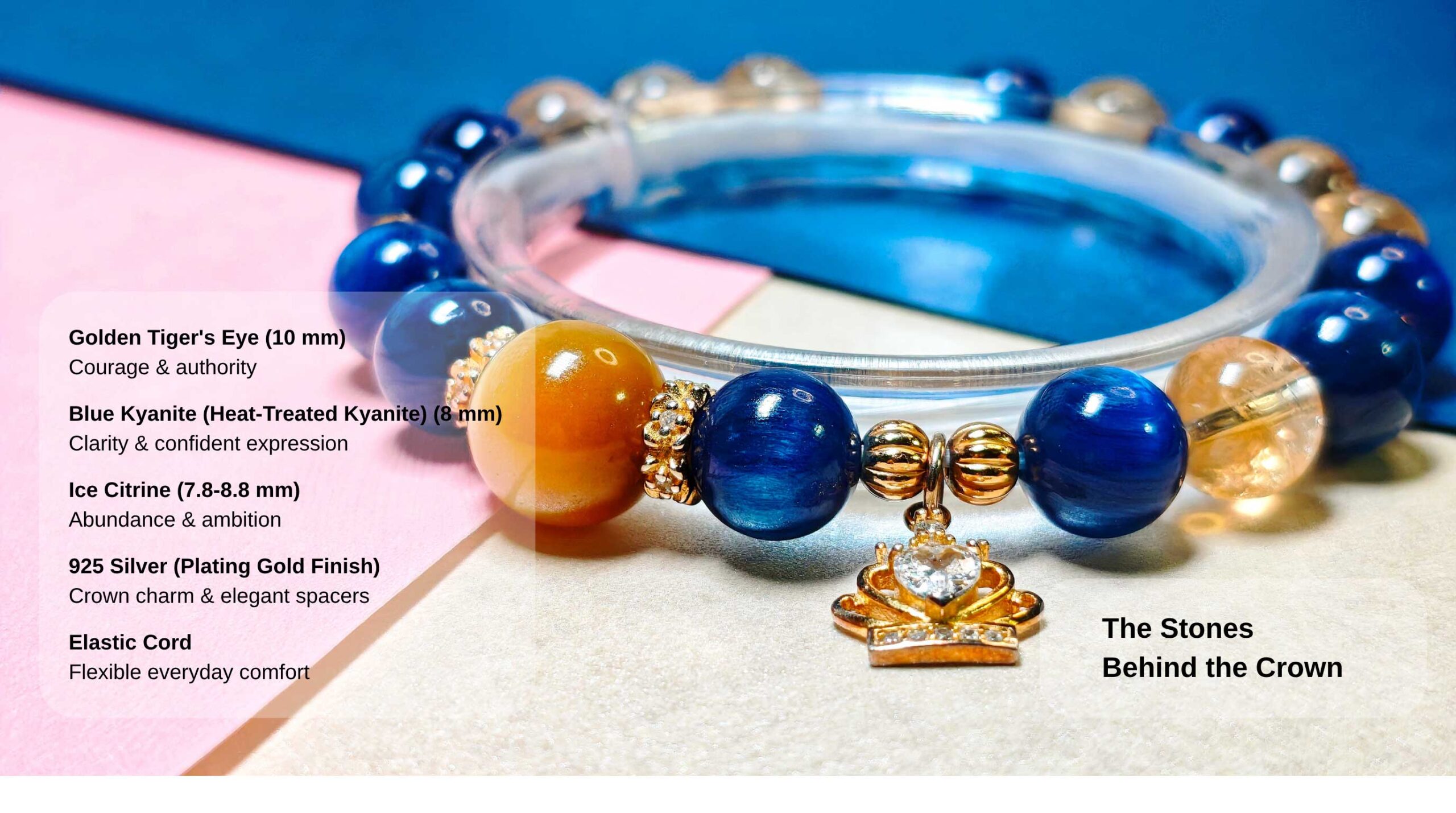 Golden Tiger's Eye, Ice Citrine, and deep blue Kyanite crystal bracelet with a gold-plated crown charm