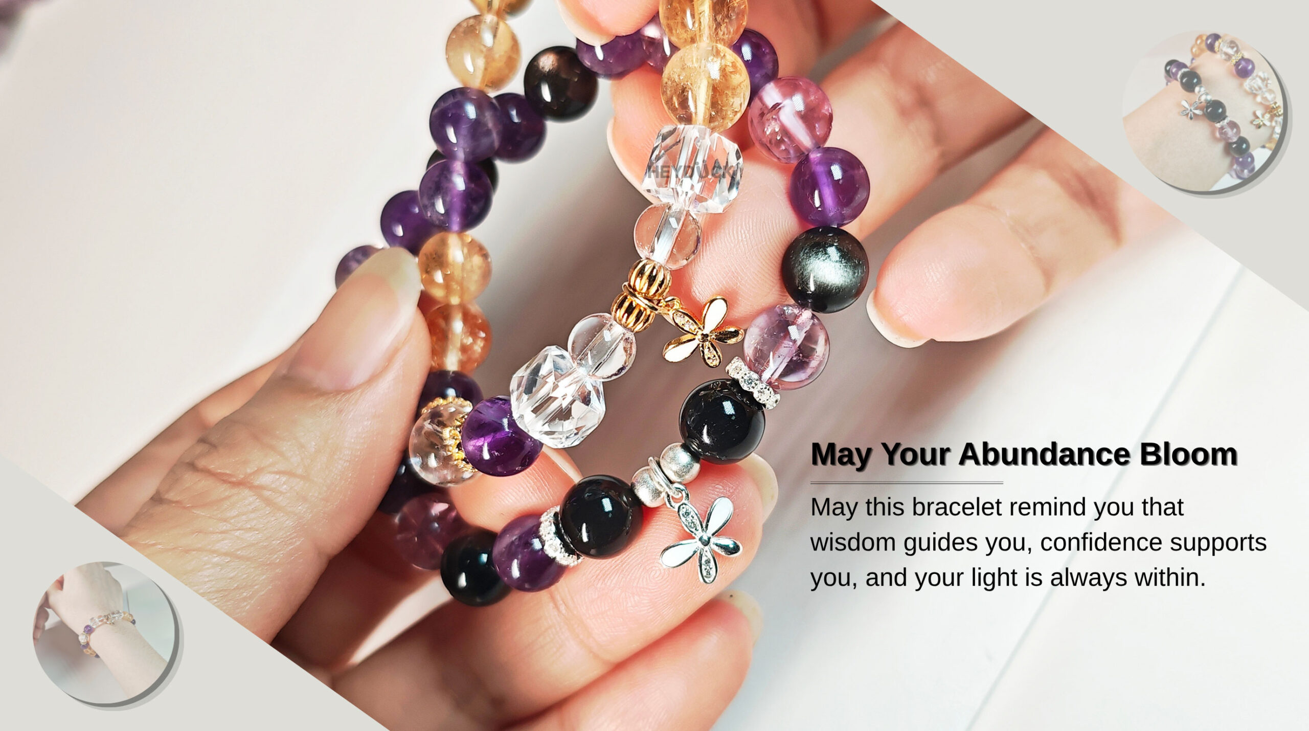 Meaningful Ice Citrine and Amethyst bracelet reminding women of abundance, wisdom, and inner light