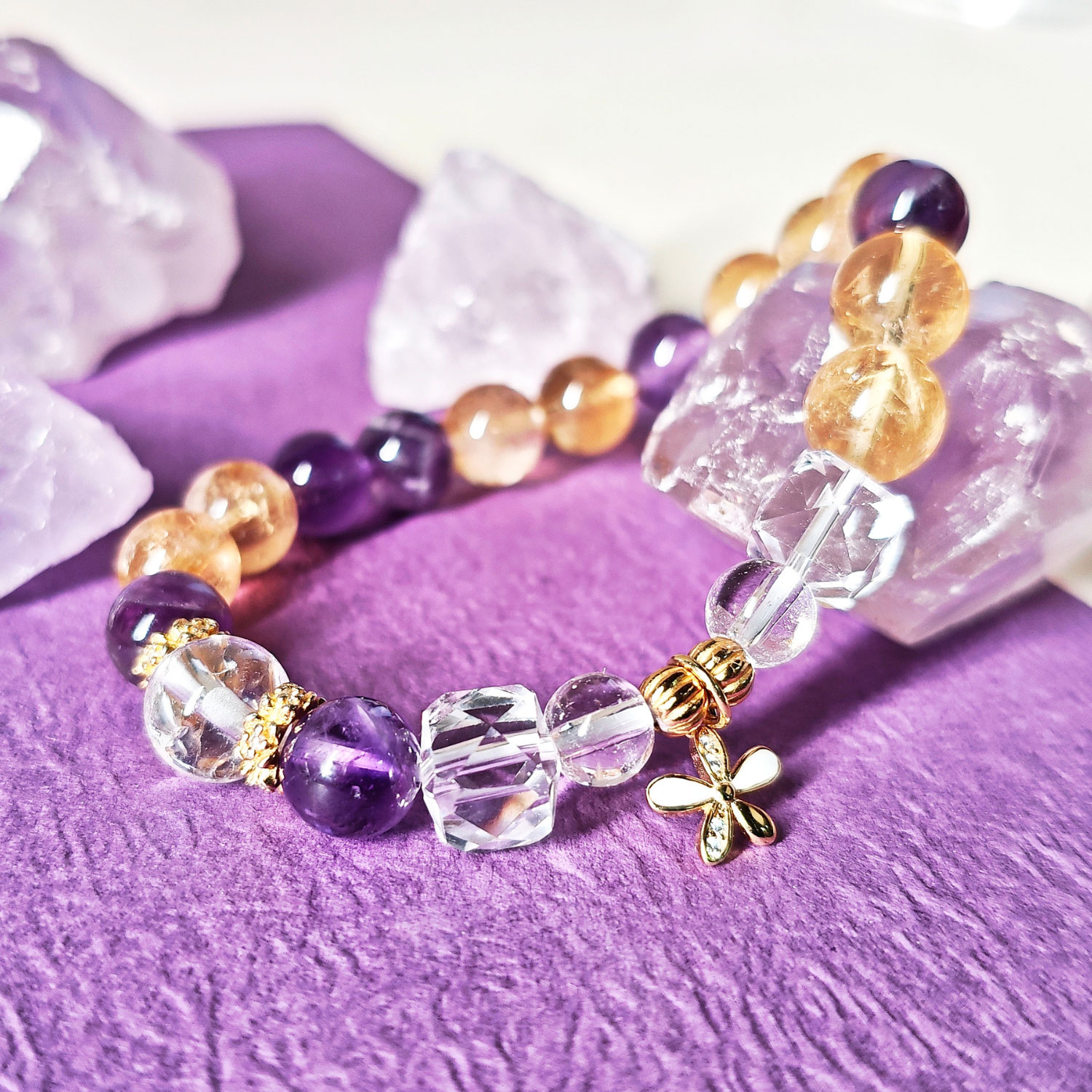 Natural Ice Citrine Amethyst bracelet with Clear Quartz White Azeztulite crystals and gold plated silver charm