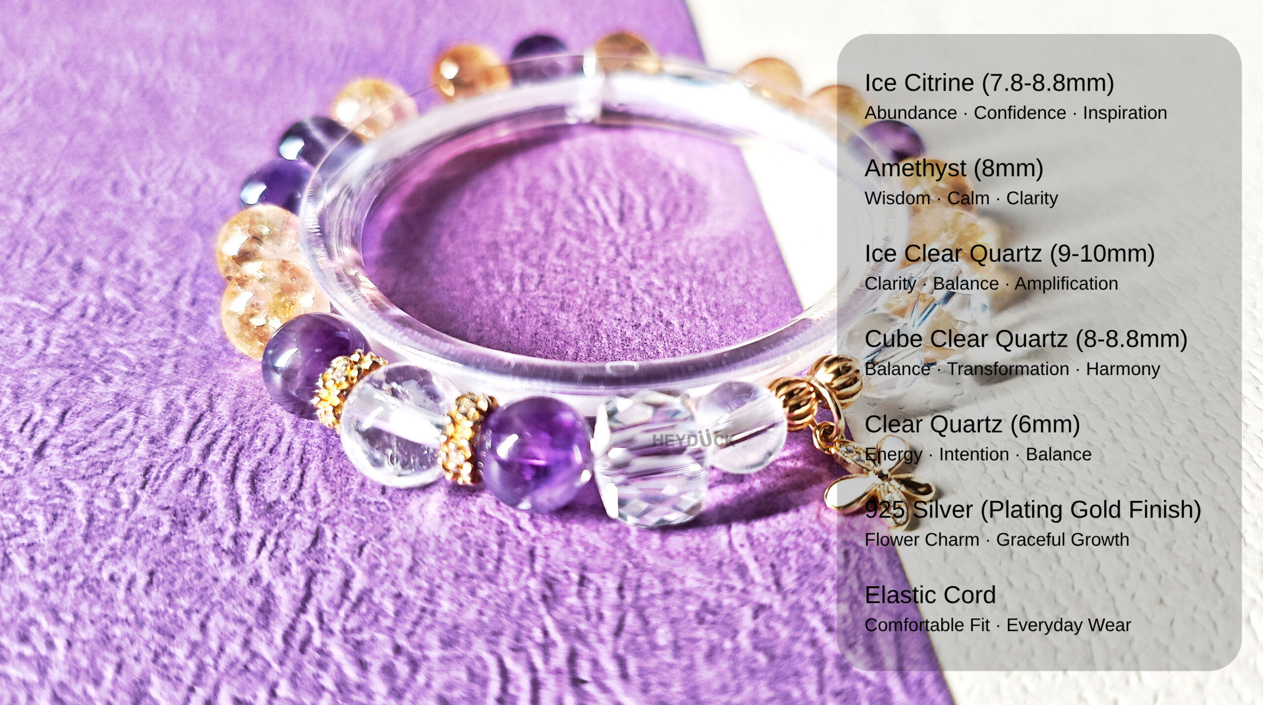 Natural Ice Citrine, Amethyst, Clear Quartz, and White Azeztulite crystals used in GoldBloom CL bracelet