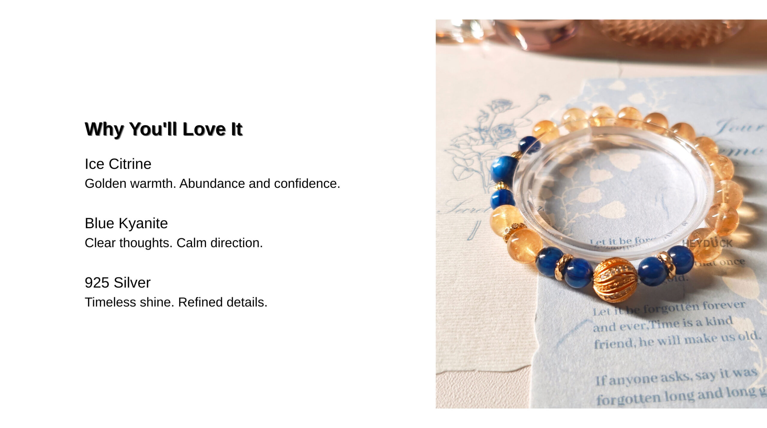 Ice Citrine and Blue Kyanite Bracelet featuring golden warmth, calming blue tones, and refined 925 sterling silver gold-plated accents.