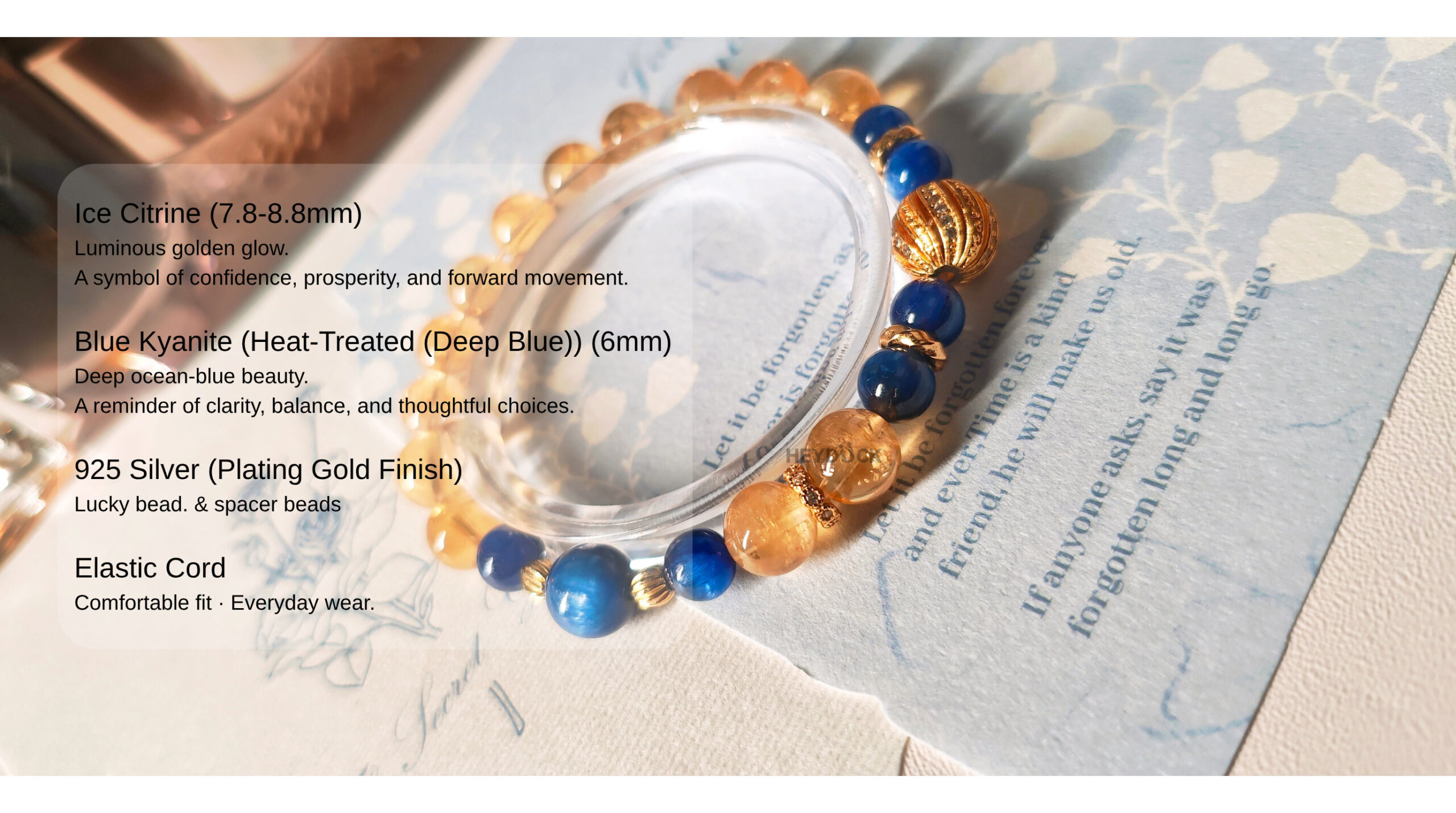 Close-up of Ice Citrine and Blue Kyanite crystals showing natural colors, textures, and the unique beauty of the GiltWealth CL bracelet.