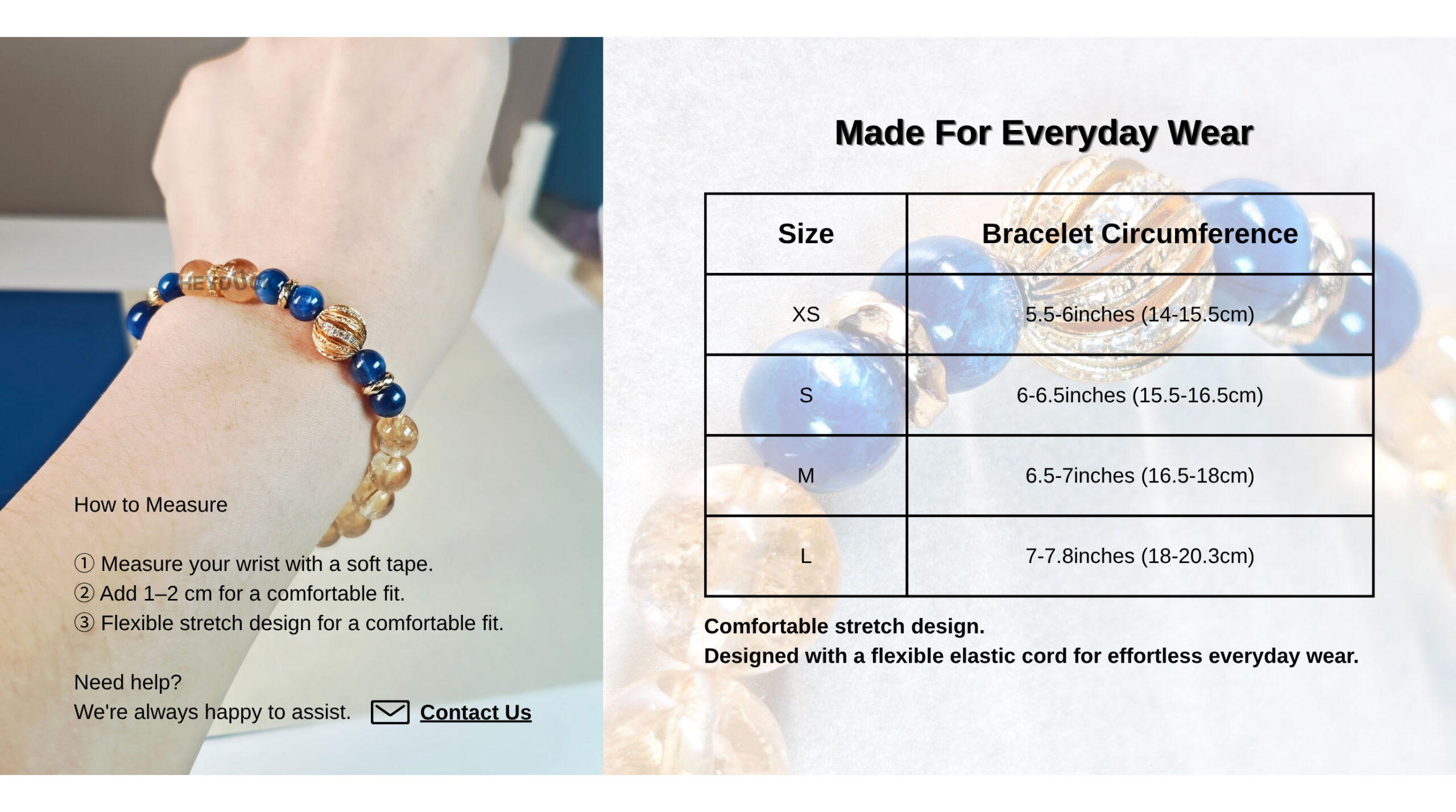 Ice Citrine Blue Kyanite Bracelet size guide showing single wrap design, elastic cord comfort, and available wrist sizes.