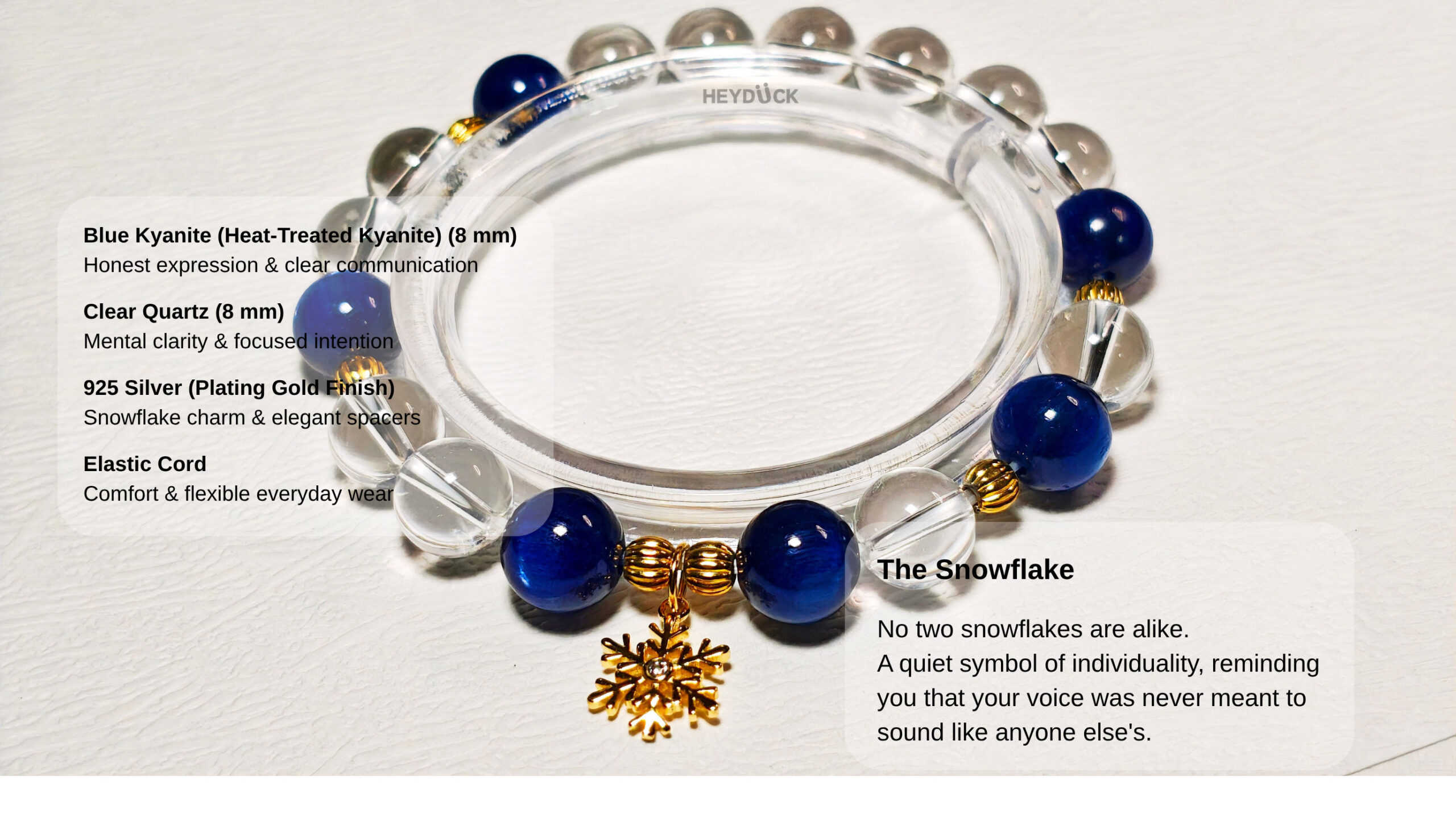 Kyanite and Clear Quartz crystal bracelet with a gold-plated 925 sterling silver snowflake charm