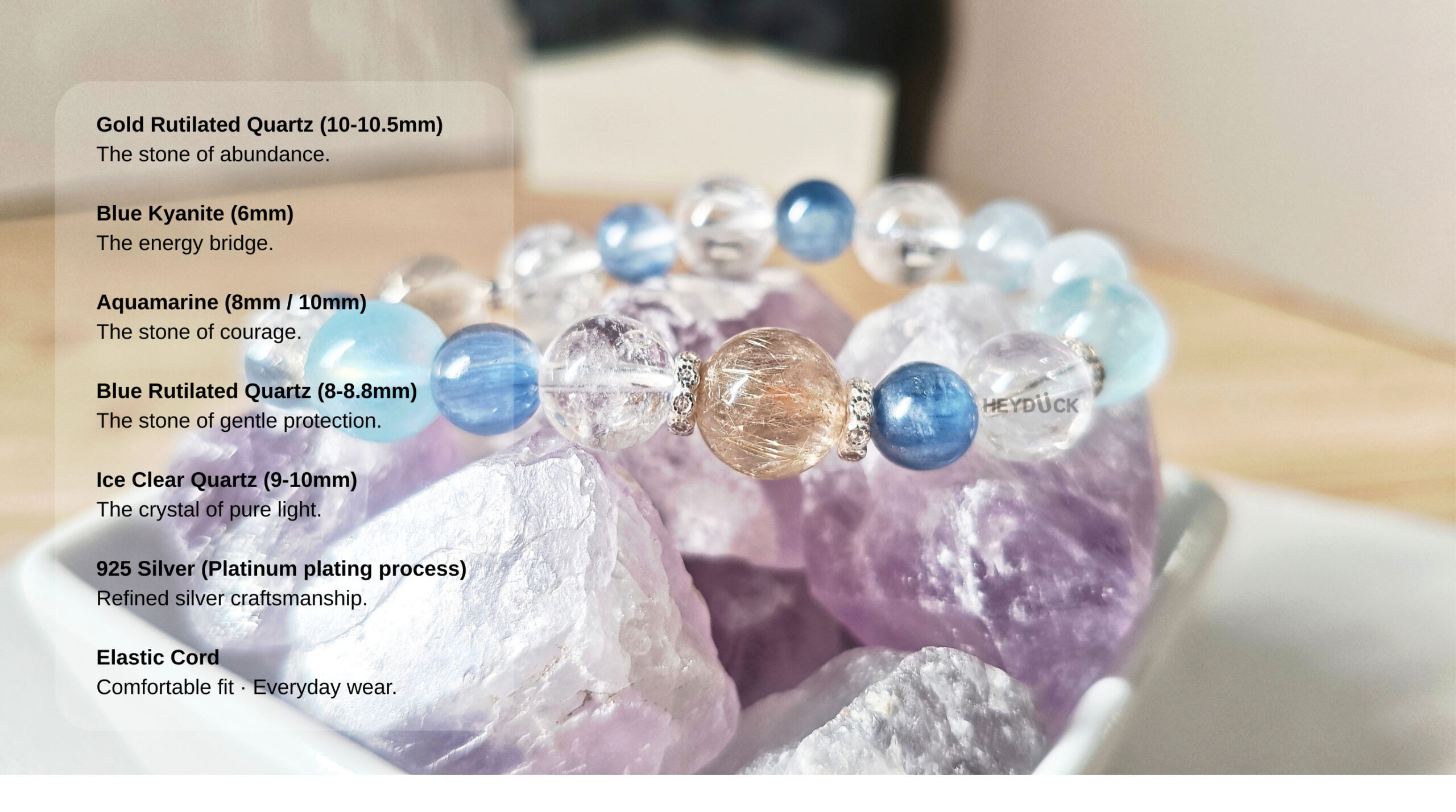 Luminous Veil Crystal Bracelet AuroraGain CL featuring Gold Rutilated Quartz, Blue Kyanite, Aquamarine, Blue Rutilated Quartz, Ice Clear Quartz, 925 silver, and elastic cord