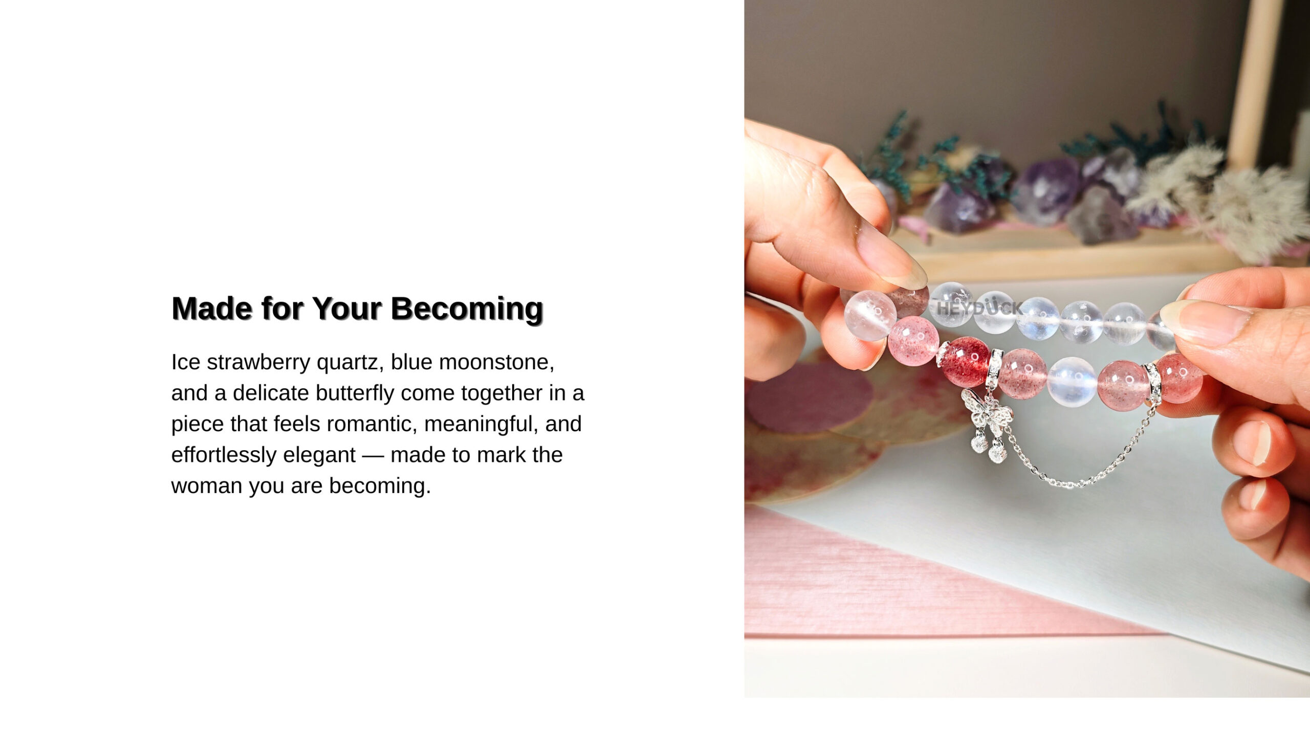 Eternal Metamorphosis Crystal Bracelet with Strawberry Quartz, Blue Moonstone, and butterfly charm