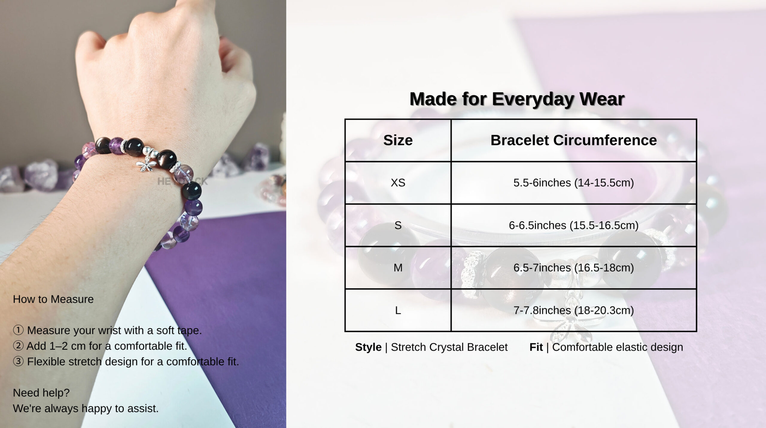Midnight Bloom Amethyst & Silver Obsidian Bracelet size guide with bead size, stretch design, and comfortable everyday fit details.