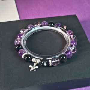 Midnight Bloom Amethyst & Silver Obsidian Bracelet featuring Ice Lavender Quartz, natural amethyst beads, and a flower charm for calm and mindful everyday wear.