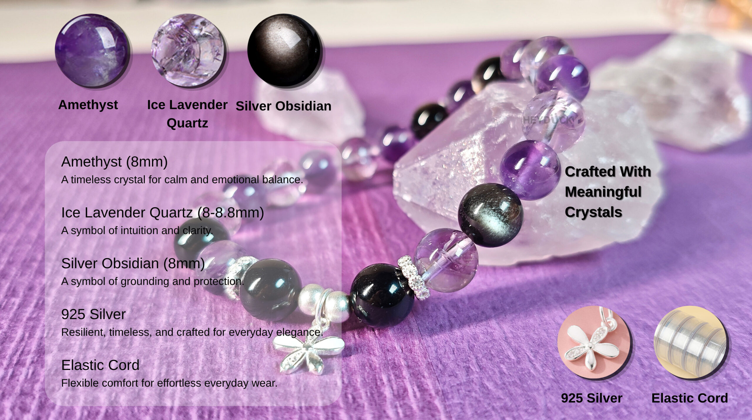 Close-up of Midnight Bloom crystal bracelet showing Ice Lavender Quartz, natural amethyst, silver obsidian, and 925 silver flower charm.