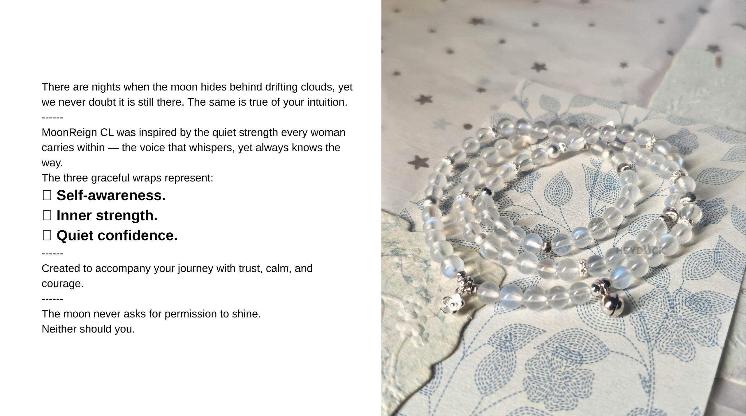 The story behind MoonReign CL, a Blue Moonstone Wrap Bracelet inspired by intuition, inner strength, quiet confidence, and feminine wisdom.