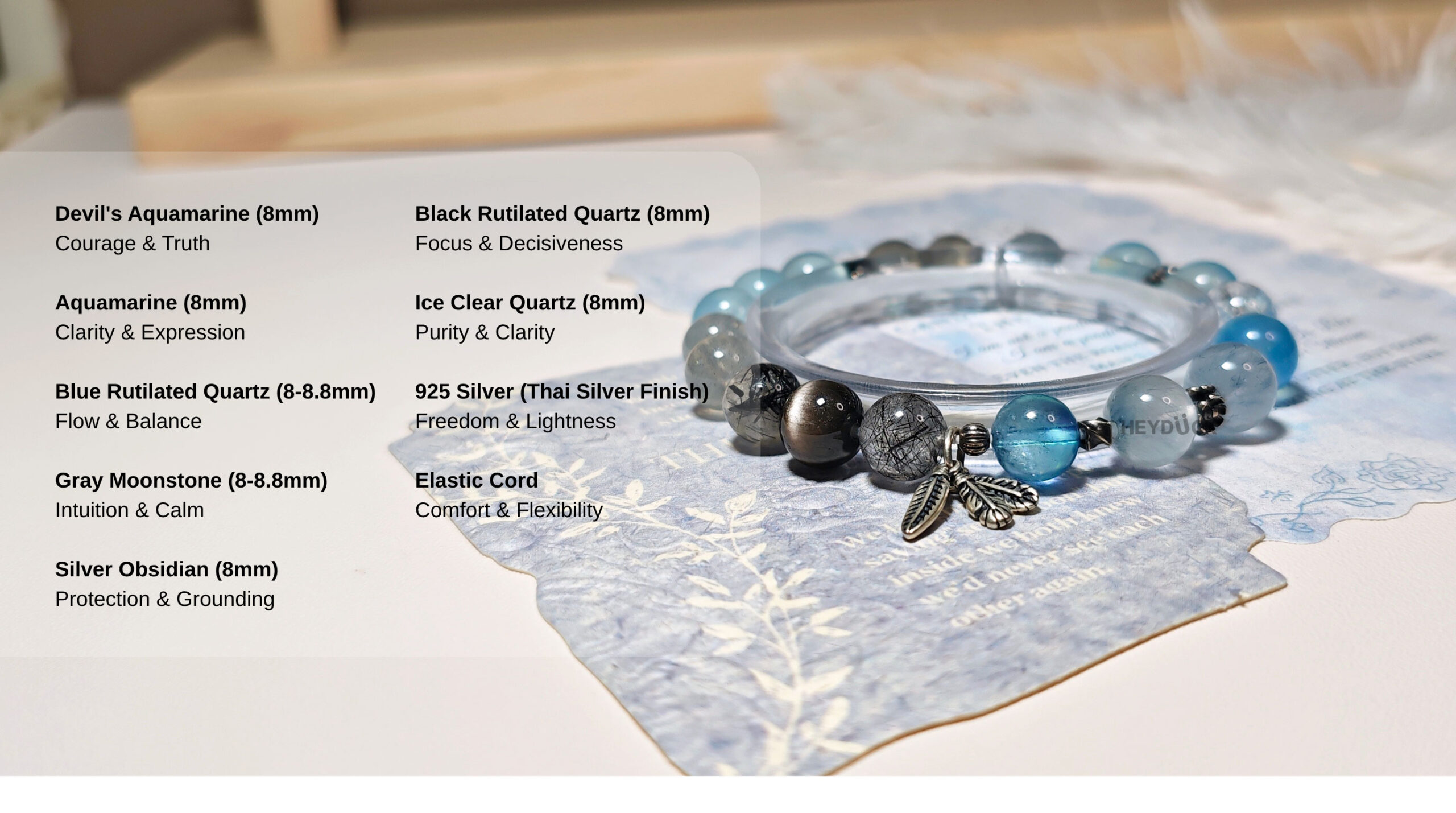 SkyFlow CL bracelet featuring Aquamarine, Clear Quartz, Moonstone, Obsidian, and natural crystal beads