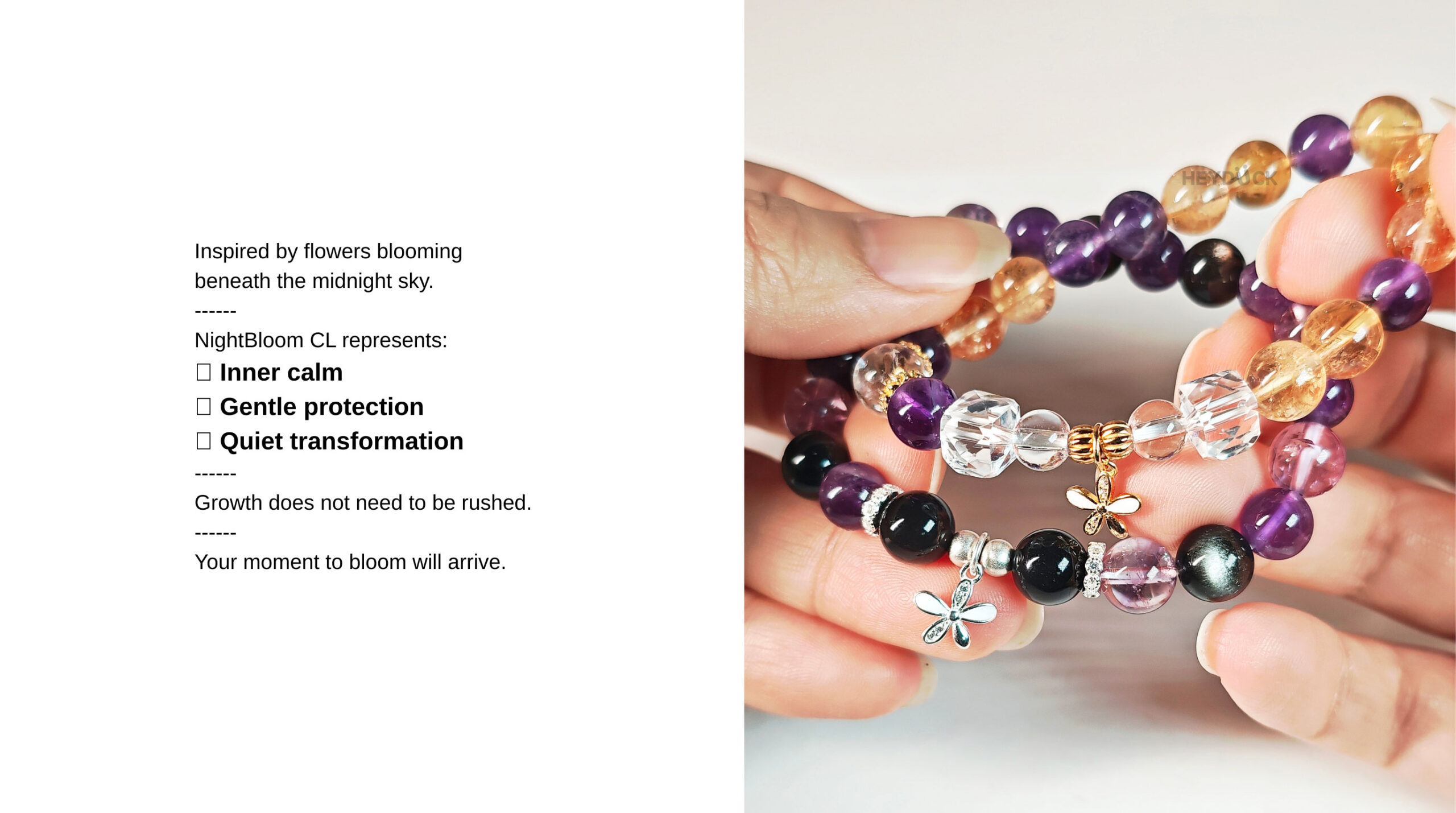 NightBloom CL Amethyst & Silver Obsidian Bracelet inspired by flowers blooming beneath the midnight sky and quiet transformation.