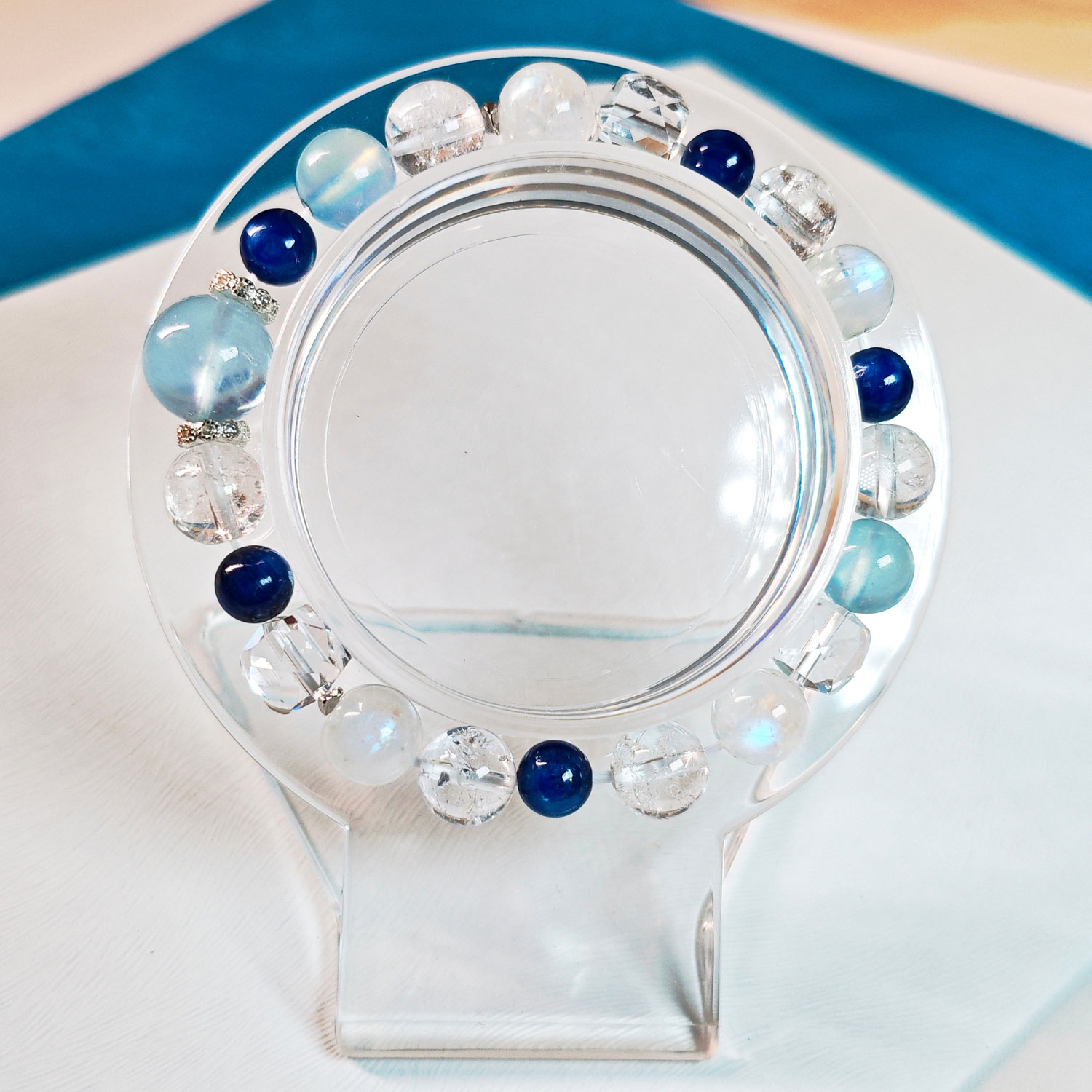 Ocean inspired blue crystal bracelet for women, symbolizing calm expression, clear thinking, and inner composure.