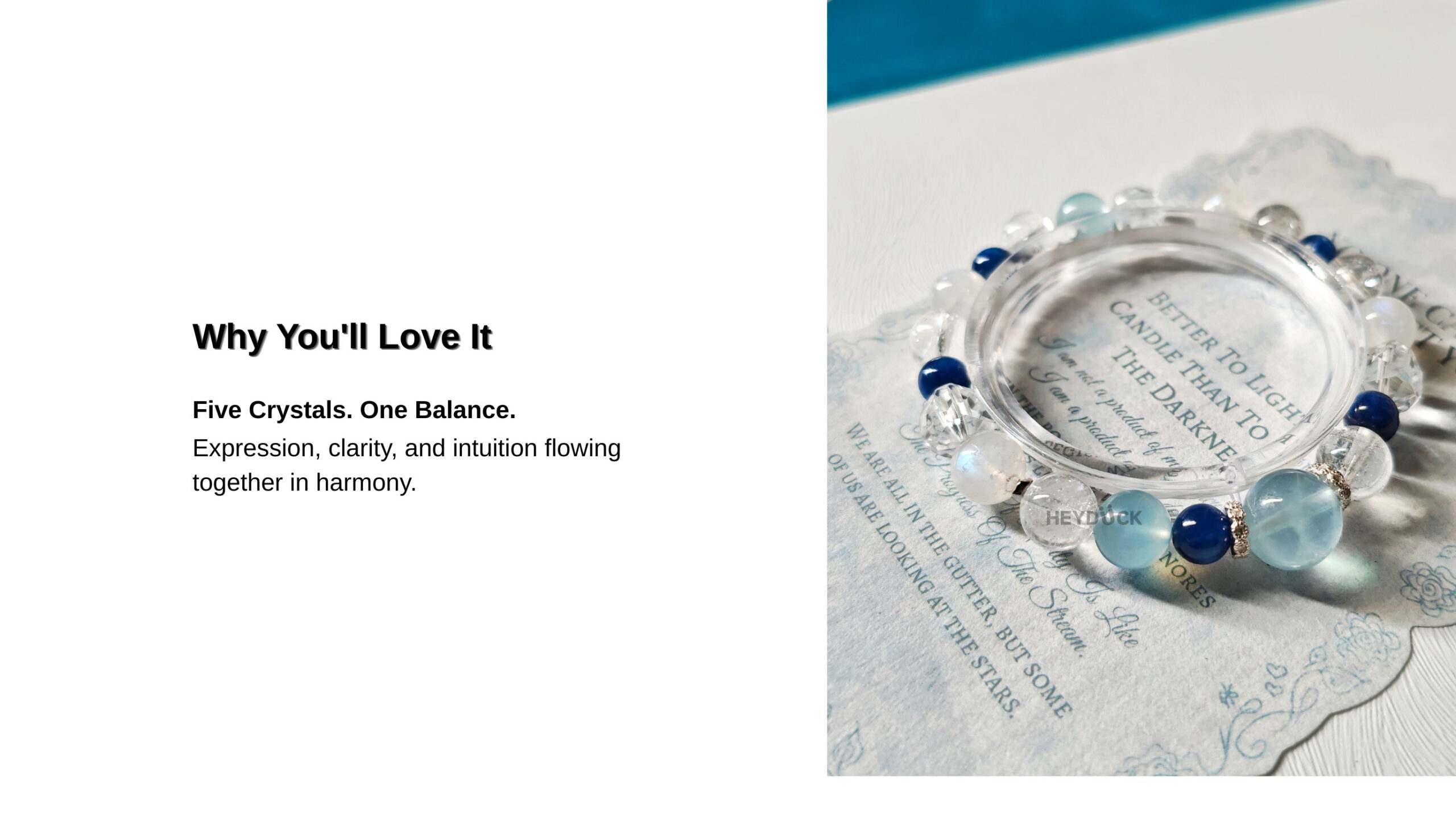 Ocean Serenity Crystal Bracelet featuring Aquamarine, Blue Kyanite, Blue Moonstone, and Clear Quartz for balance, clarity, and intuition.