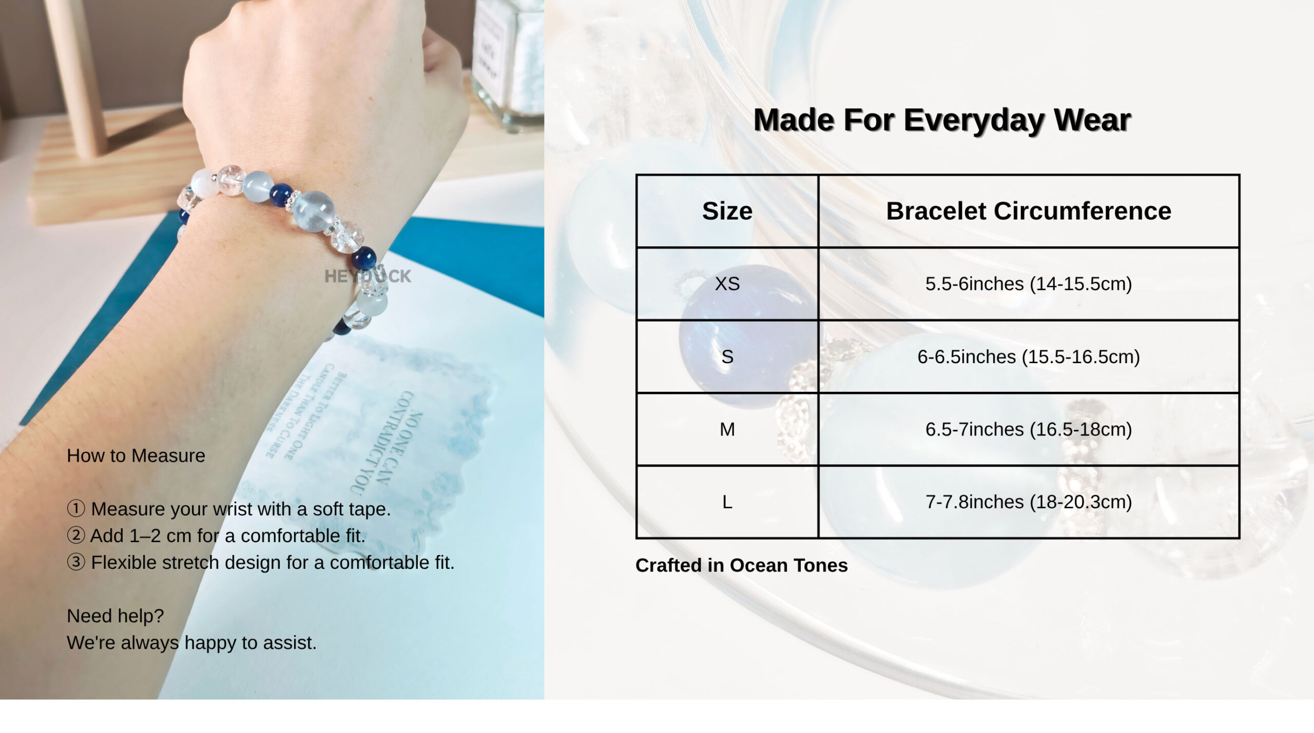 Ocean Serenity Crystal Bracelet size guide showing bracelet measurements and fit options for comfortable everyday wear.