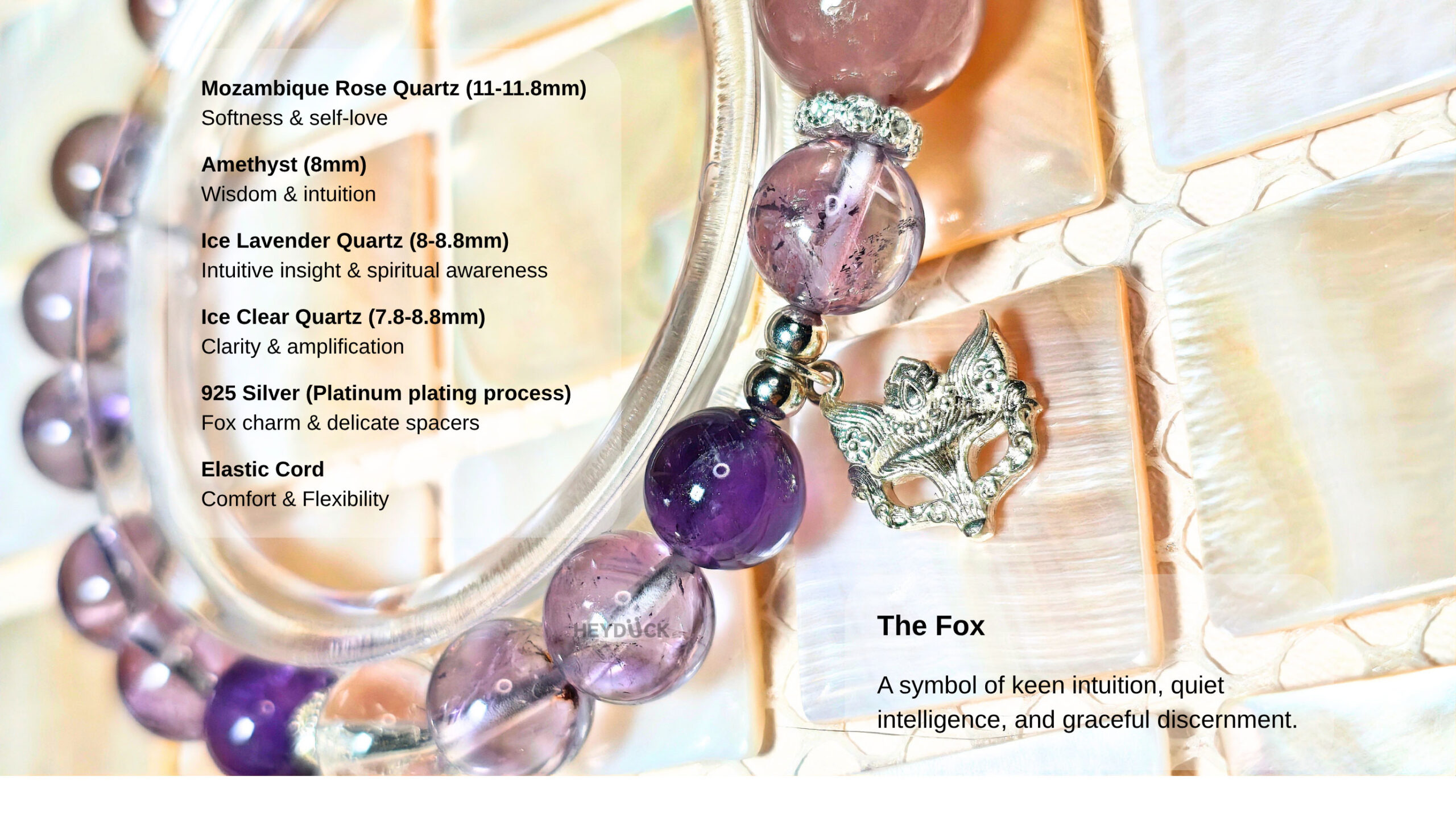 Rose quartz and amethyst crystal bracelet with ice clear quartz, lavender quartz, and 925 sterling silver fox charm
