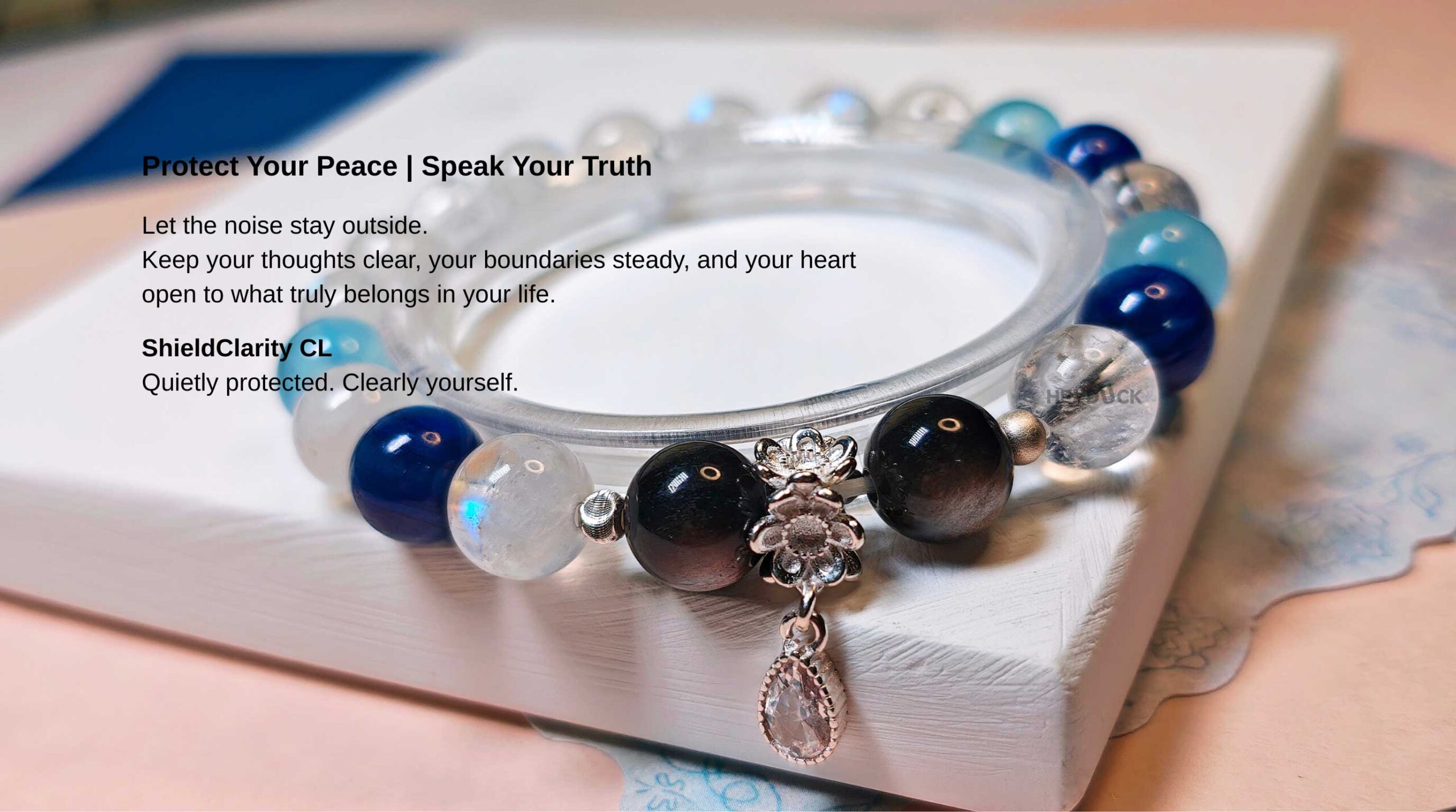 ShieldClarity crystal bracelet with a meaningful blessing for protection, clarity, calm presence, and authentic expression