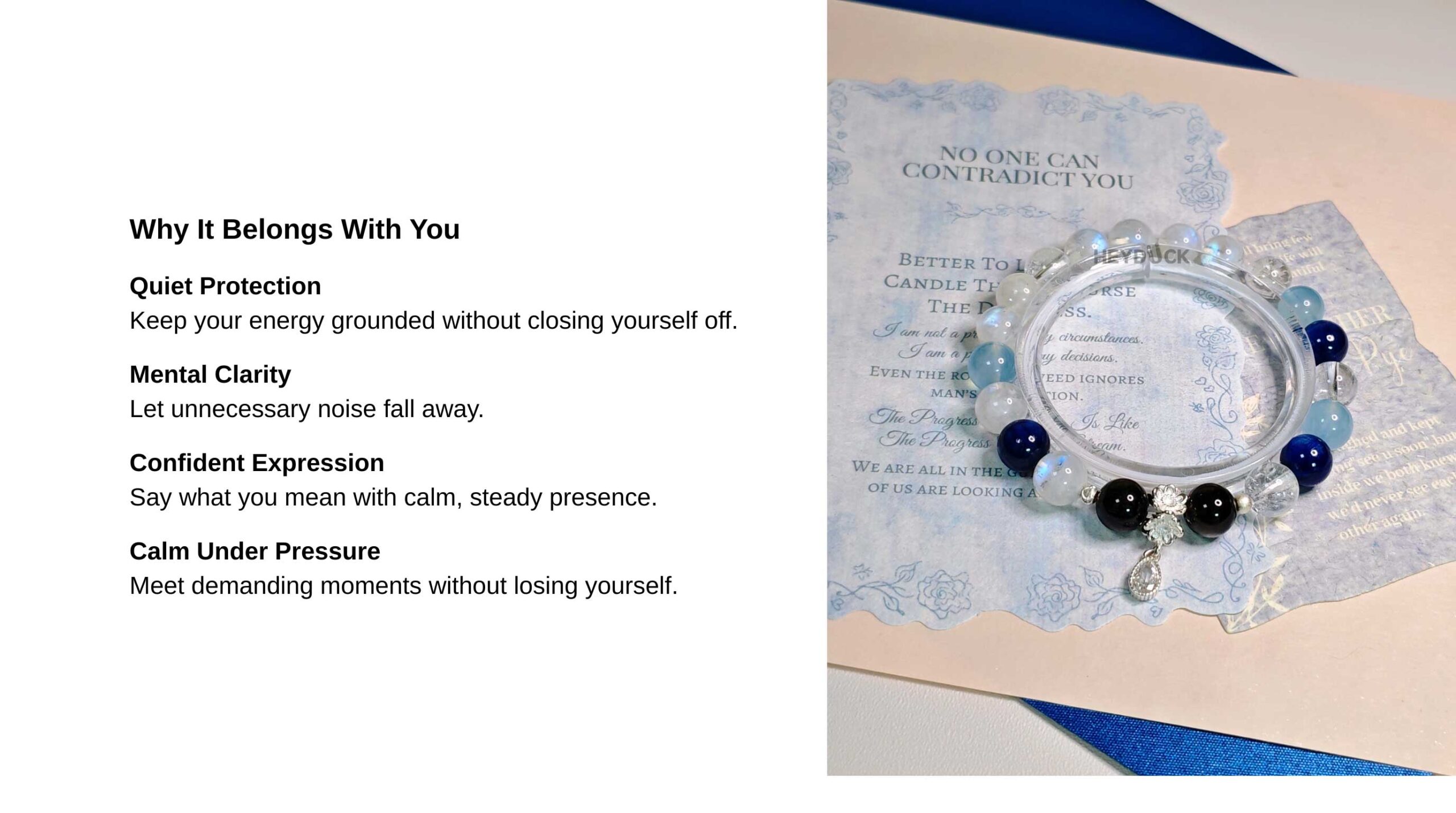 Crystal bracelet for protection and clarity with symbolic benefits of calm, grounding, and confident communication