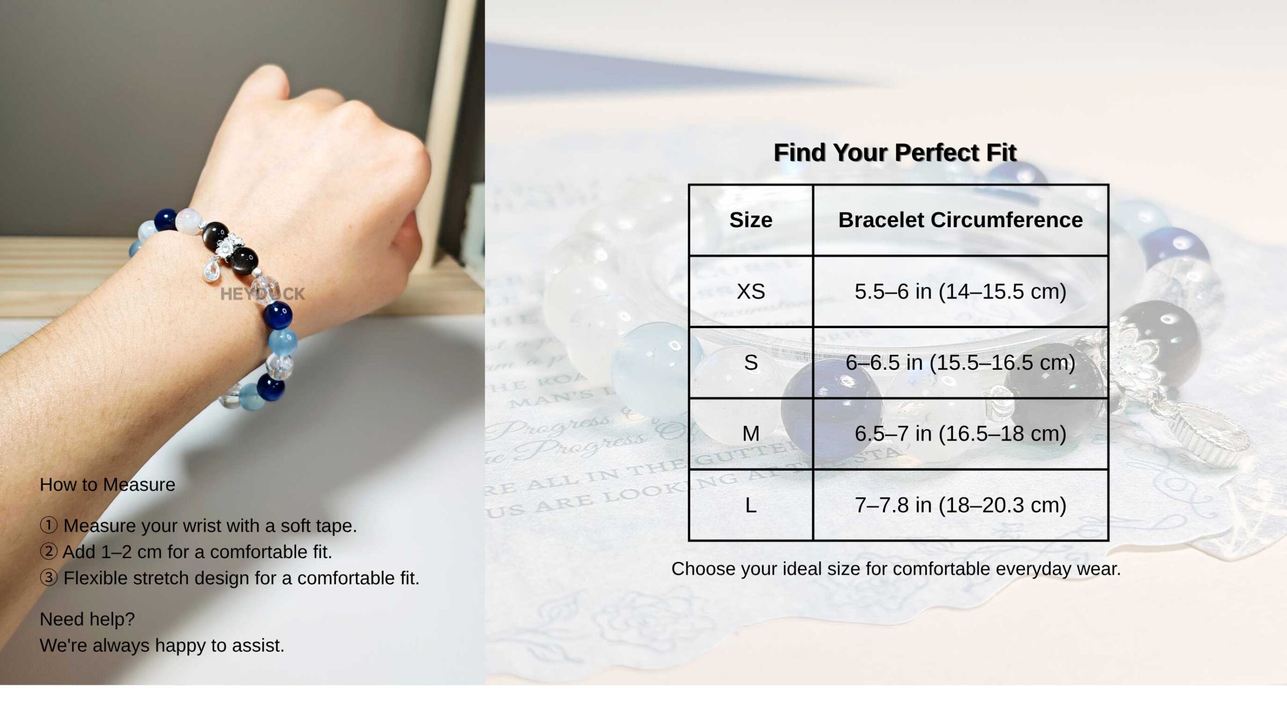 ShieldClarity crystal bracelet size guide showing wrist measurements for choosing a comfortable everyday fit