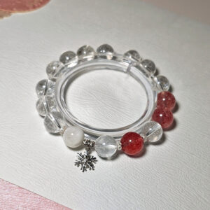 Snow Whisper Clear Heart Crystal Bracelet with natural White Phantom, Strawberry Quartz, Ice Clear Quartz, and snowflake charm