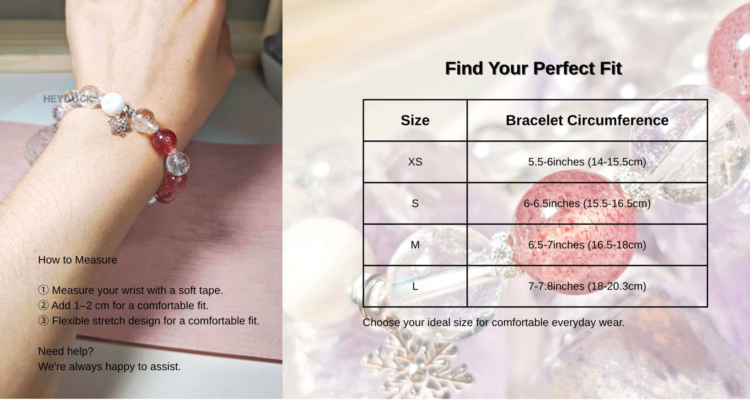 Snow Whisper Crystal Bracelet size guide showing XS, S, M, and L wrist measurements for a comfortable fit
