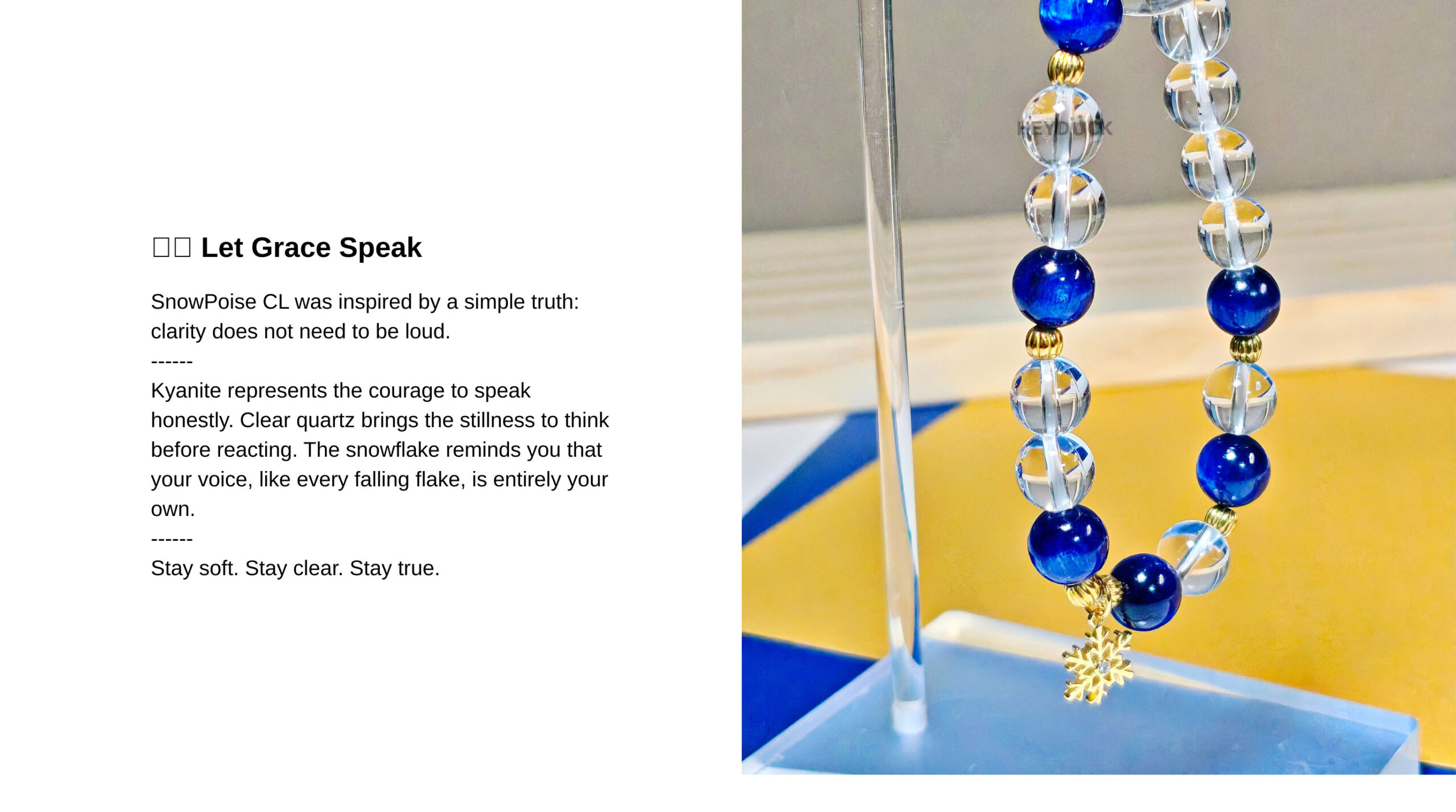 Snowflake Kyanite crystal bracelet symbolizing clarity, individuality, honest expression, and graceful composure