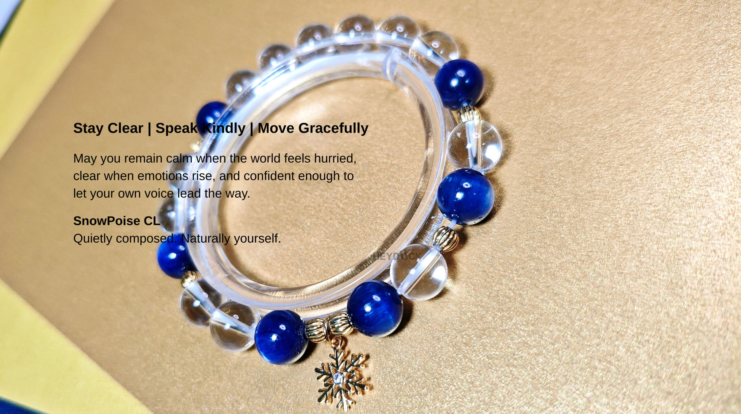 SnowPoise CL crystal bracelet with a meaningful blessing about clarity, calm expression, and trusting your own voice