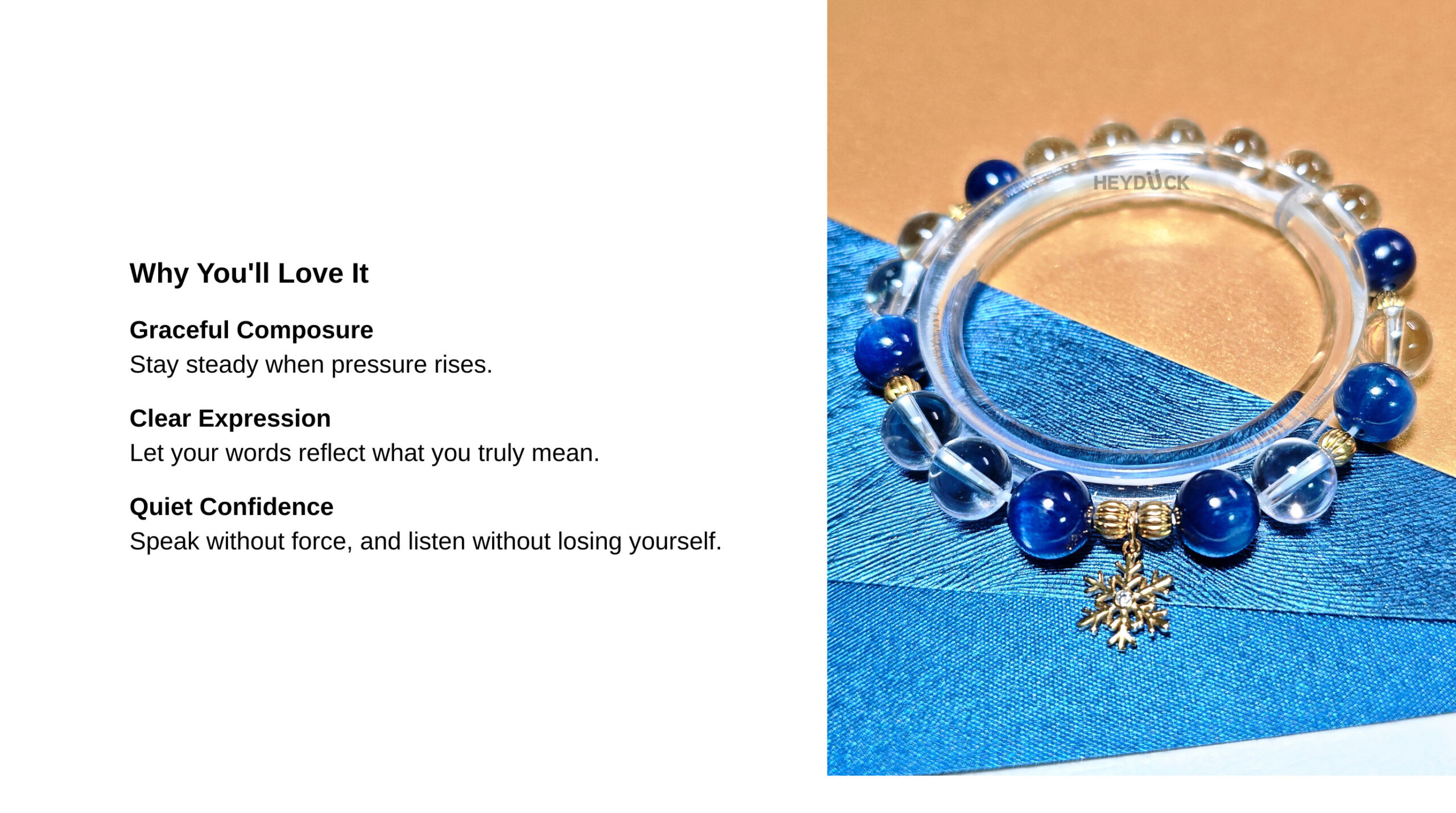 Crystal bracelet for composure and clear communication with a focus on calm expression and quiet confidence