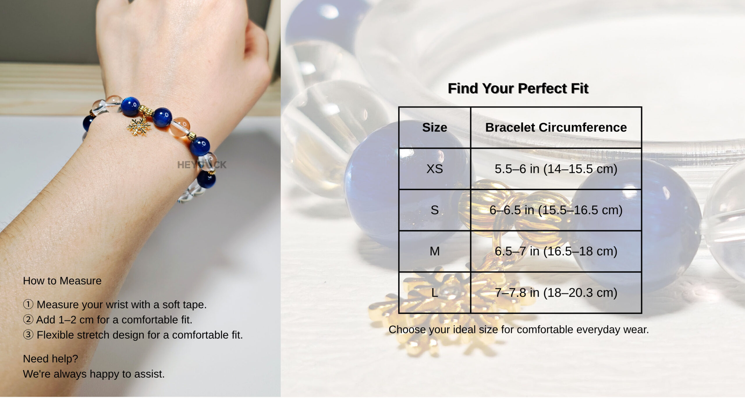 SnowPoise CL crystal bracelet size guide showing wrist measurements for a comfortable elastic cord fit