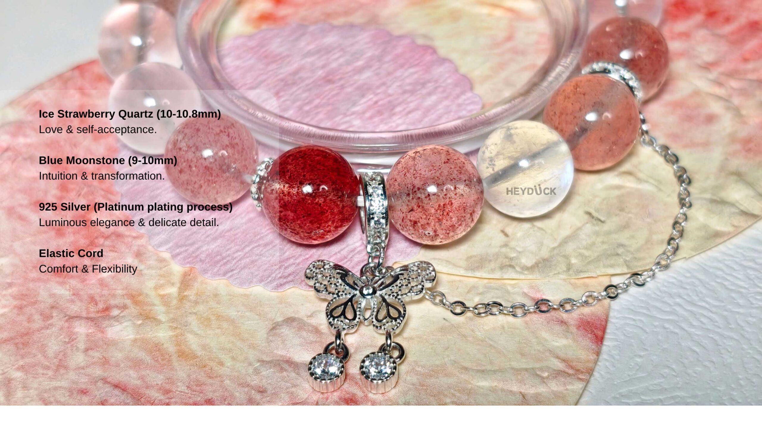 Strawberry Quartz, Blue Moonstone, and 925 sterling silver details on ButterflyBloom CL crystal bracelet
