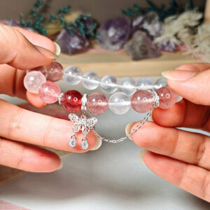 Strawberry Quartz and Blue Moonstone crystal bracelet with 925 sterling silver butterfly charm for love and self-love