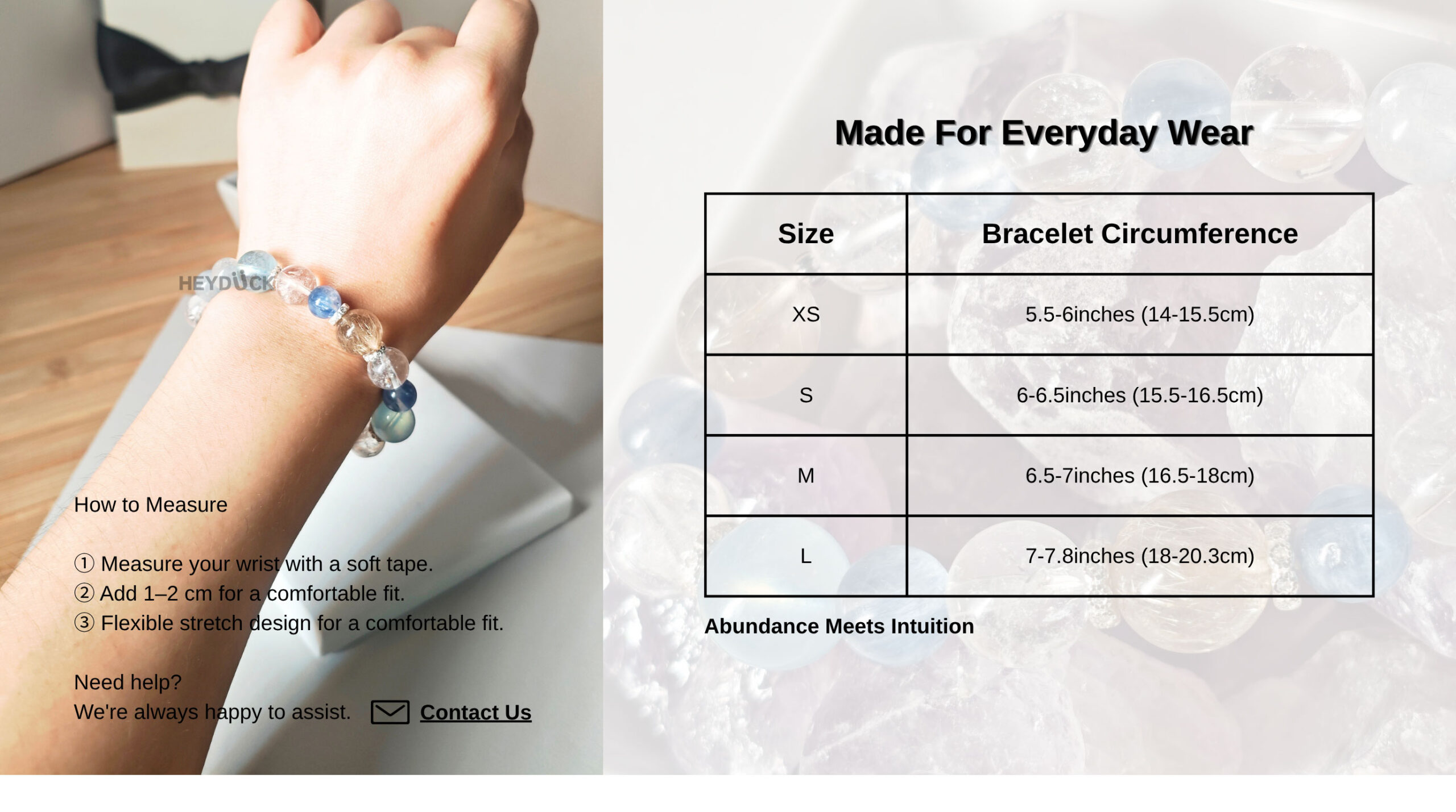 AuroraGain CL Veil Crystal Bracelet size guide showing bracelet measurements for a comfortable fit