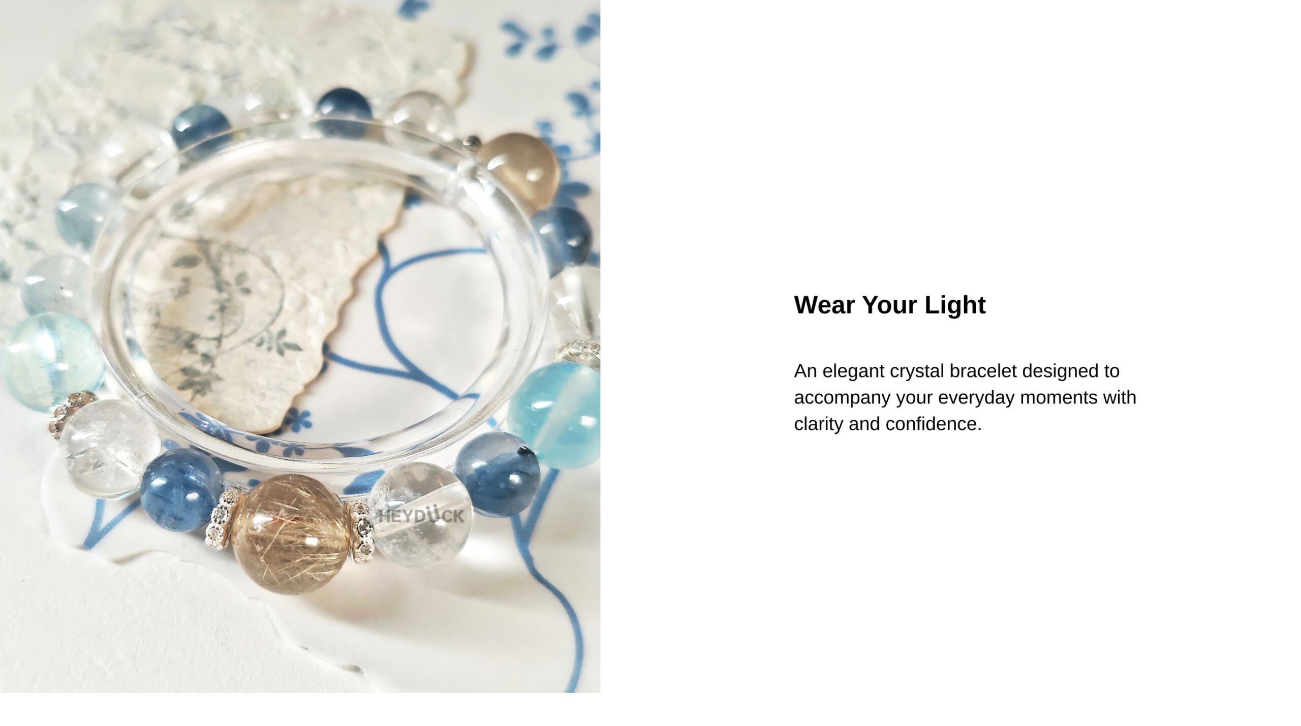 Woman wearing the Veil Crystal Bracelet AuroraGain CL with natural crystals for an elegant everyday style