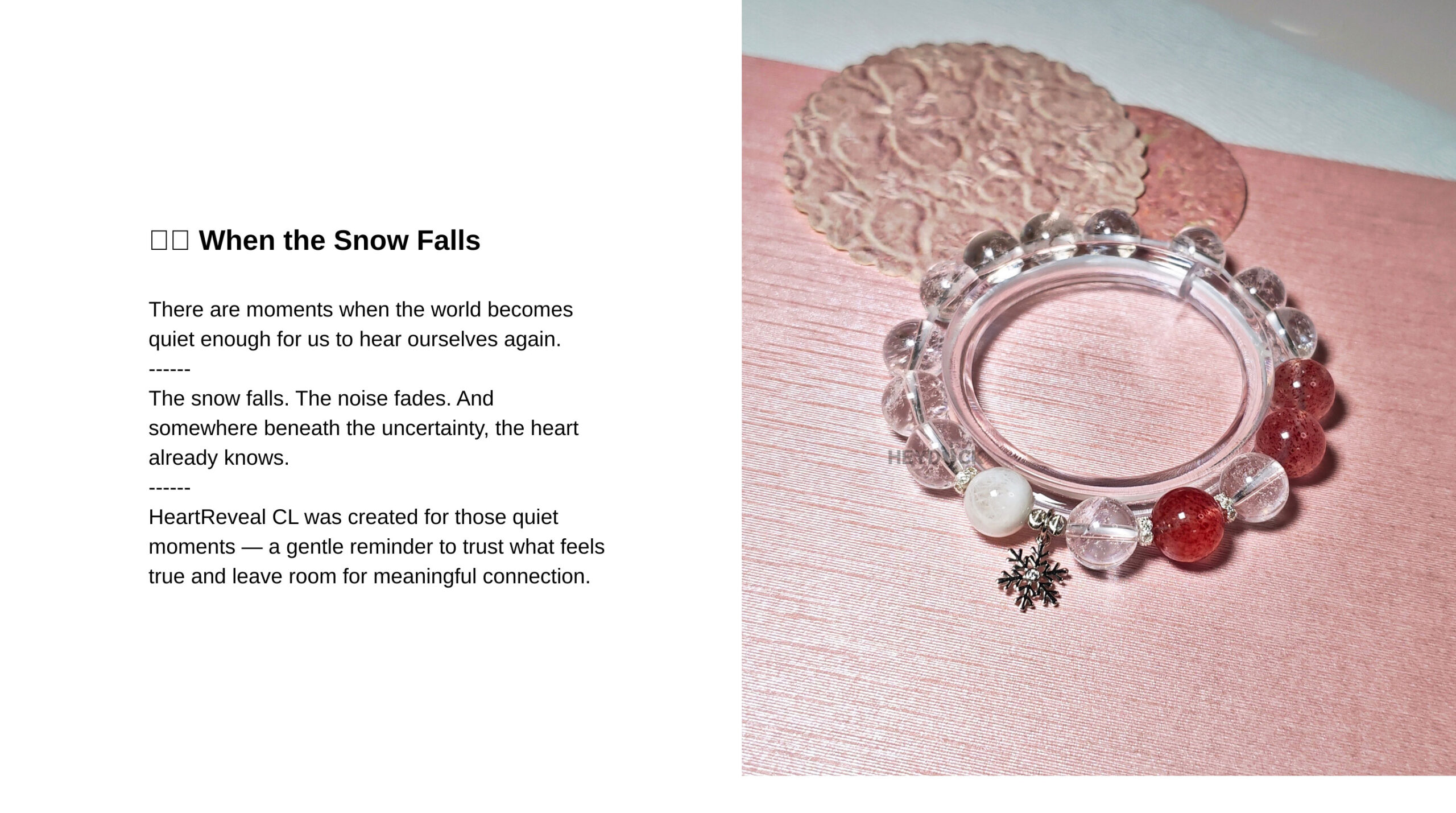 HeartReveal CL crystal bracelet inspired by quiet moments, inner clarity, self-trust, and meaningful connection