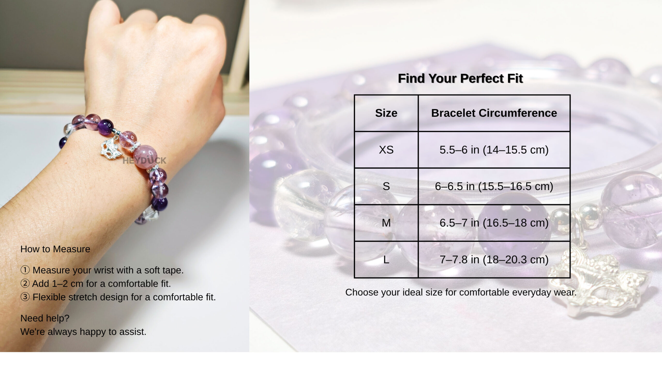 WiseBloom CL crystal bracelet size guide showing wrist measurements for a comfortable elastic cord fit