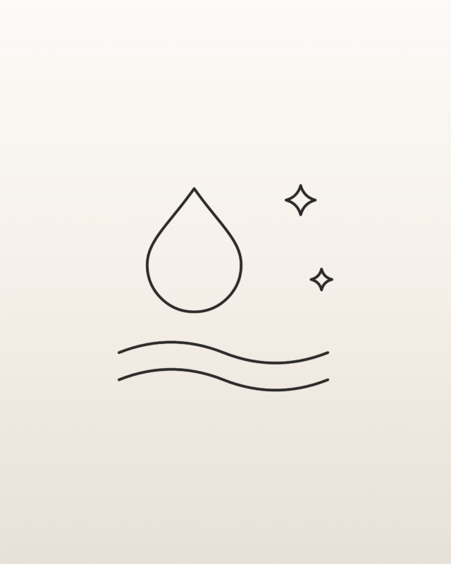Minimal line illustration of a water droplet, gentle cleansing waves and sparkles on a soft ivory gradient background, representing HEYDUCK crystal care and cleansing FAQ topics