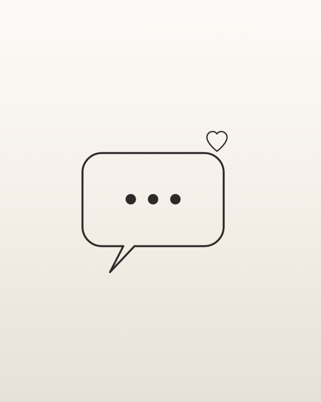 Minimal line illustration of a chat bubble with typing dots and a small heart on a soft ivory gradient background, representing HEYDUCK customer service and support FAQ topics