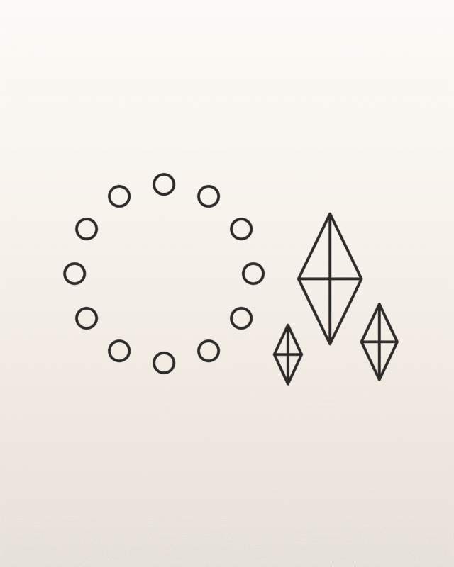 Minimal line illustration of a beaded crystal bracelet and raw gemstones on a soft ivory gradient background, representing HEYDUCK product and crystal bracelet FAQ topics