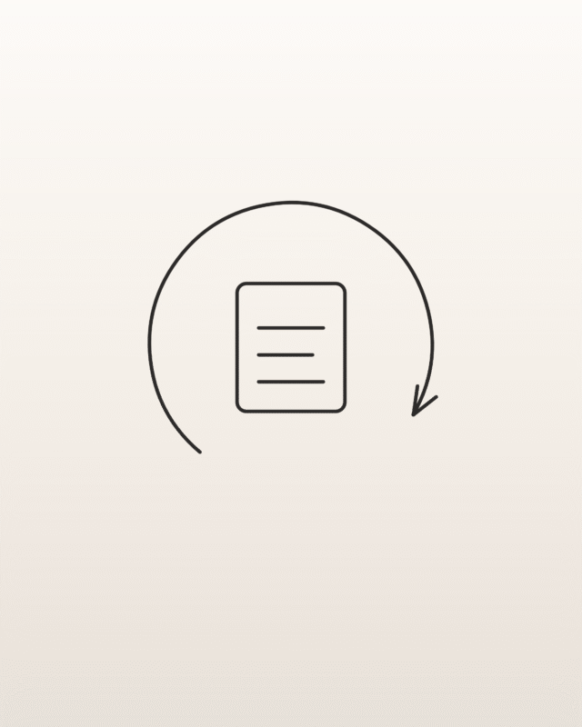 Minimal line illustration of a circular return arrow around a receipt on a soft ivory gradient background, representing HEYDUCK returns and refund policy FAQ topics