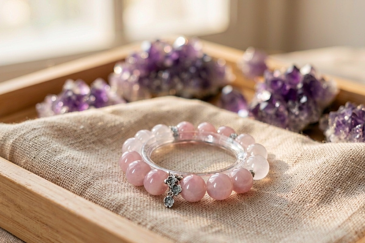 Strawberry quartz bracelet with silver flower charm on beige linen in wooden tray with blurred amethyst clusters warm natural light
