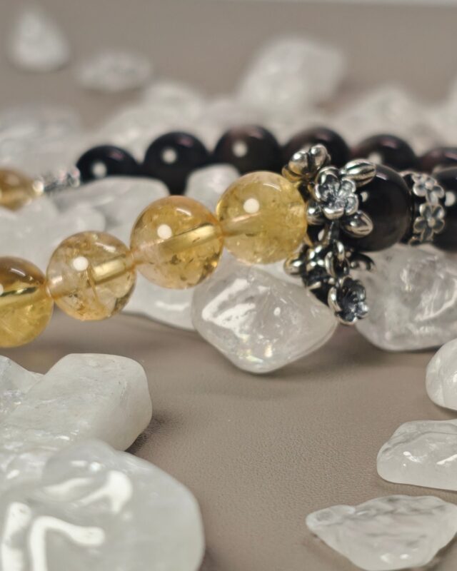 Silver obsidian and ice citrine beads with sterling silver sakura bead caps and spacer beads