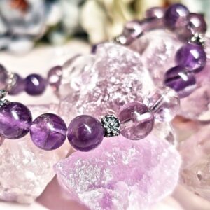 Product view of amethyst bracelet arranged for presentation