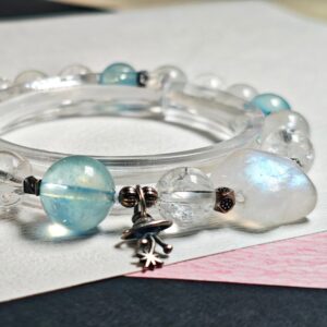 Close view of the planet charm and its hanging star between a blue aquamarine bead and an ice clear quartz bead