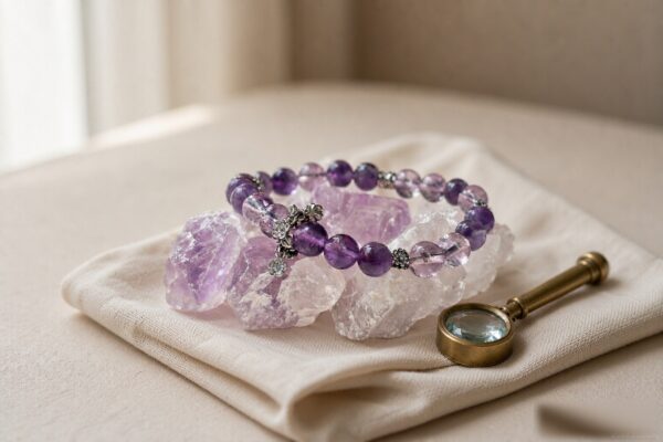 Checking whether a crystal bracelet is real: amethyst and lavender quartz beads on a raw amethyst cluster with a brass loupe.